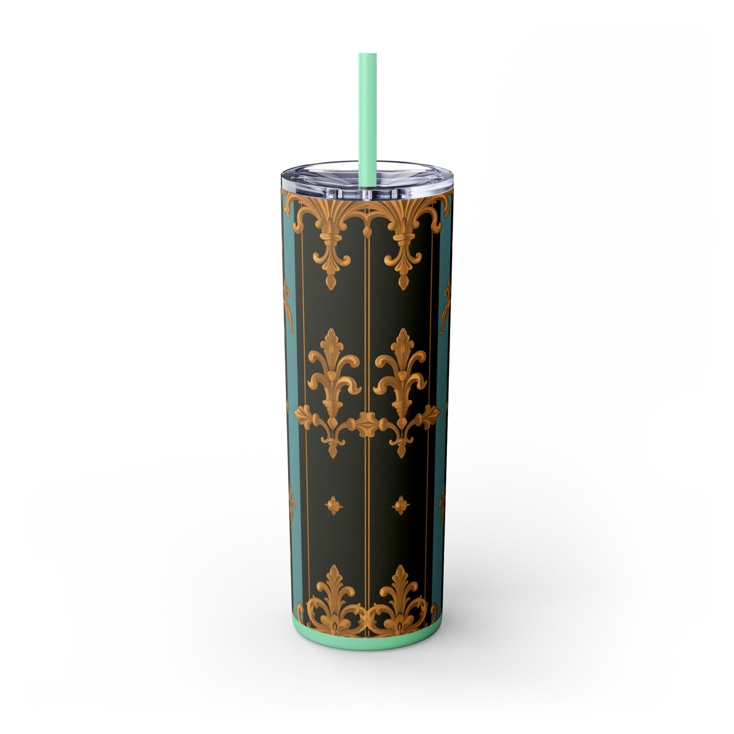 Elegant Vintage Skinny Tumbler with Straw, 20oz | Gold Floral Pattern, Reusable Drinkware, Perfect for Home - Black & Turquoise Striped Baroque