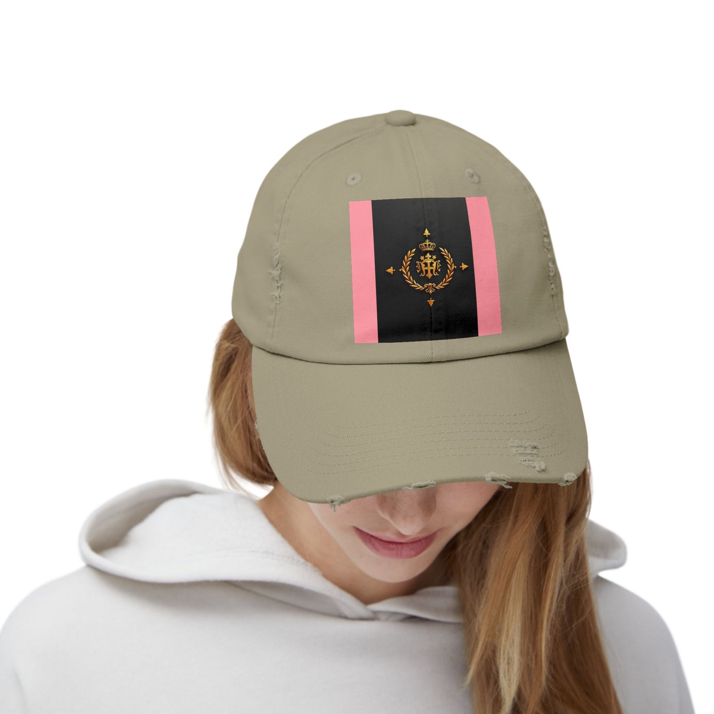Stylish Unisex Distressed Cap with Trendy Design, Casual Accessories for Everyday Wear, Fashion Statement Cap - Pink Striped Gold Crest