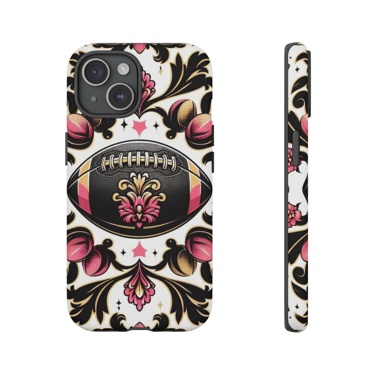 Elegant Floral Motif Phone Case - Tough Cases with Vintage Design - Damask White, Pink Gold & Black Football
