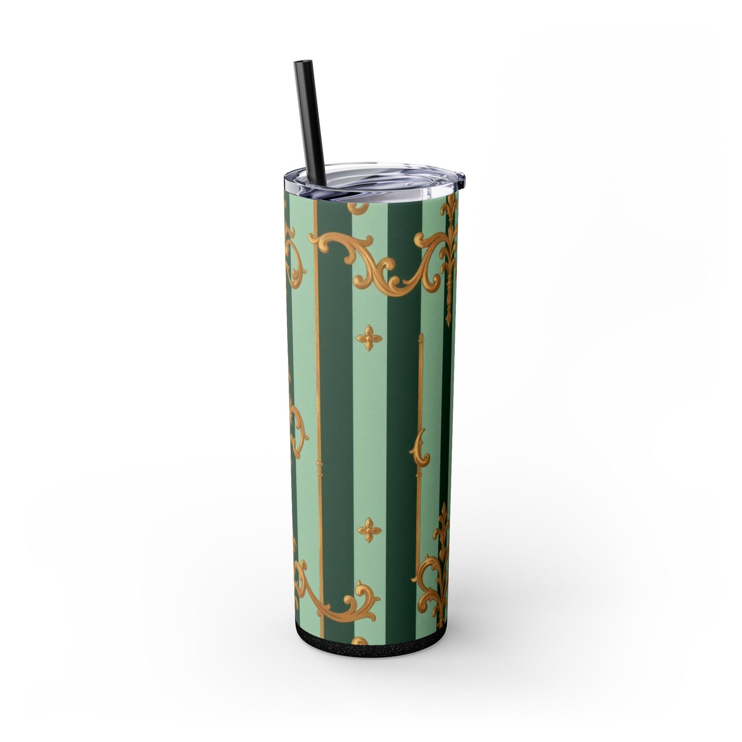 Elegant Floral Skinny Tumbler with Straw, 20oz – Stylish Travel Mug, Eco-Friendly Reusable Cup - Mint Green & Teal Striped Gold Baroque