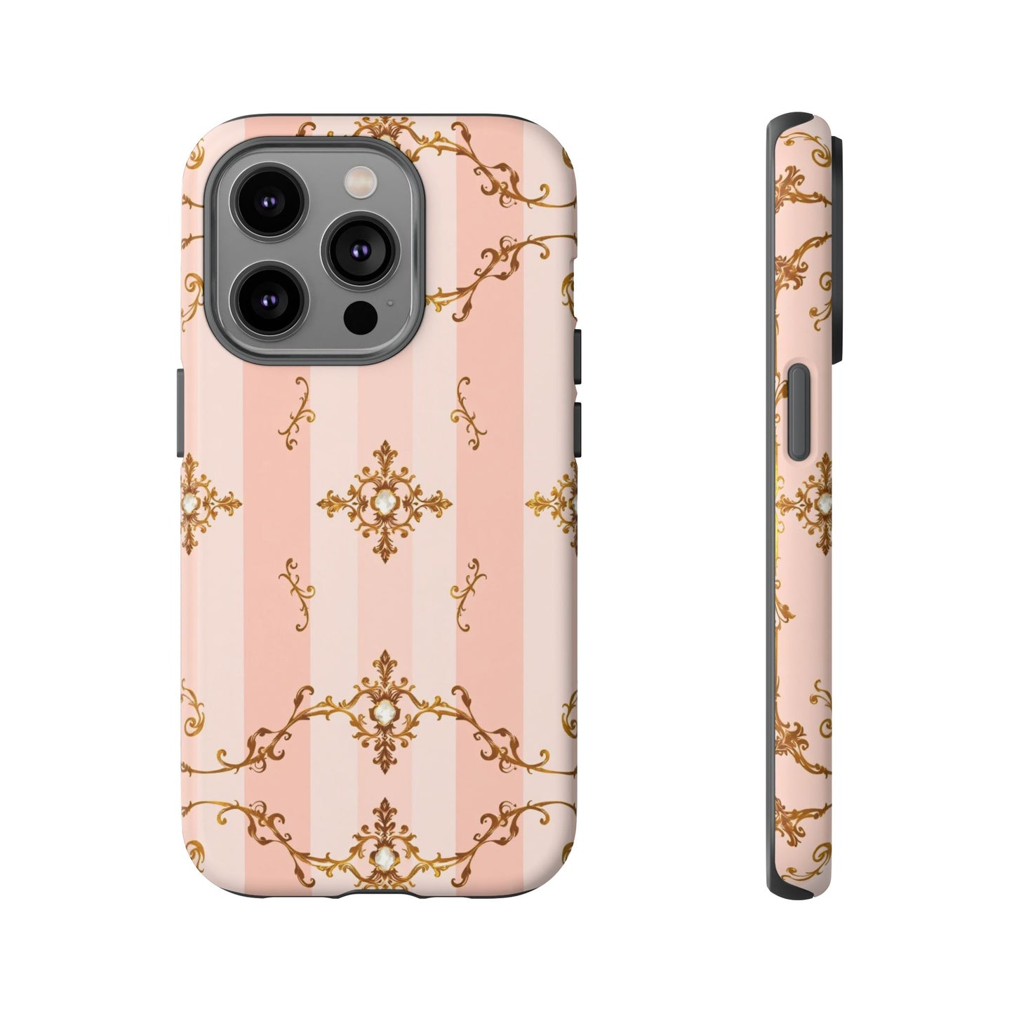 Elegant Floral Phone Case, Tough Cases for Women, Trendy Phone Cover, Chic Gift - Pink Jeweled Striped Gold Baroque