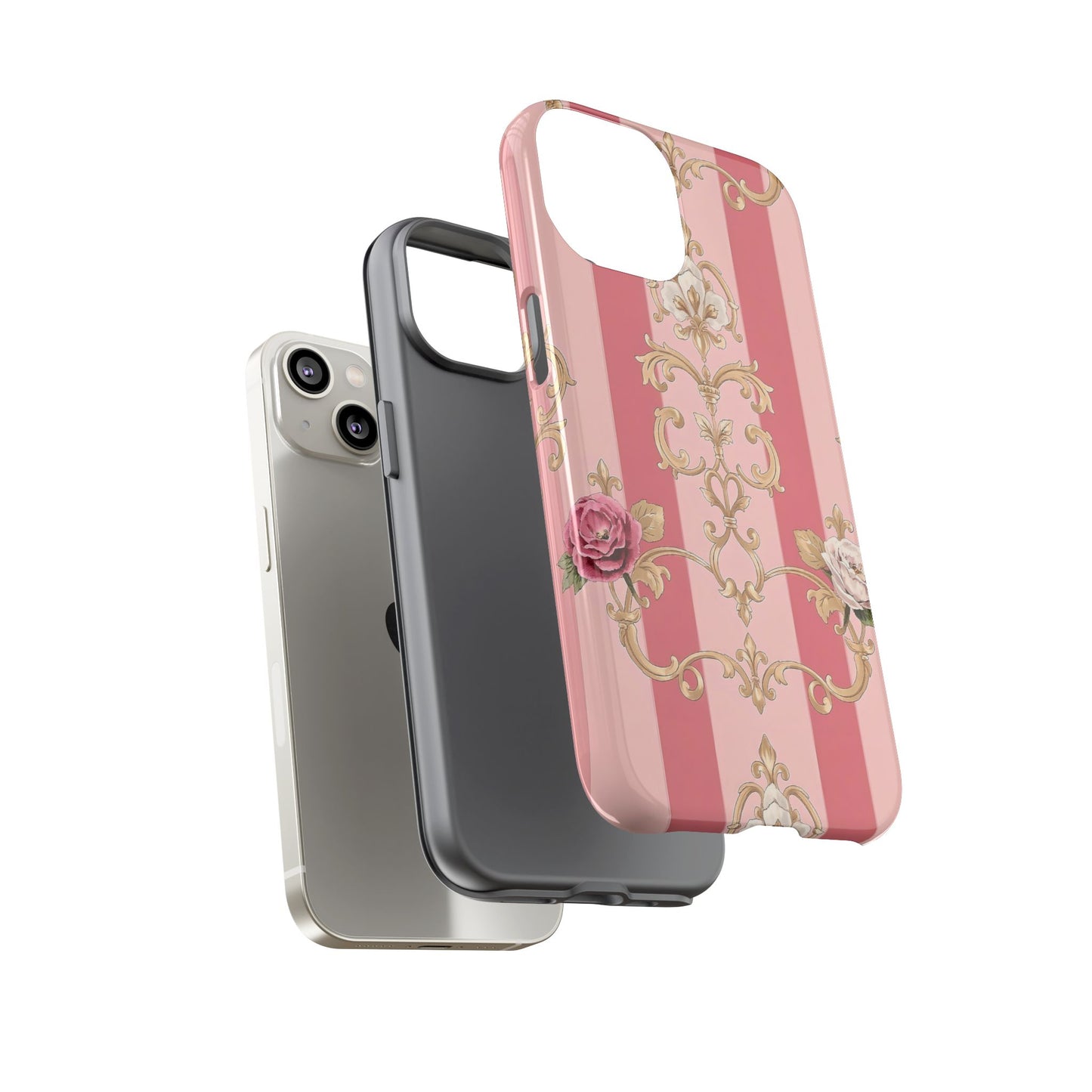 Elegant Floral Motif Phone Case - Tough Cases with Vintage Design - Pink Striped Roses & Damask