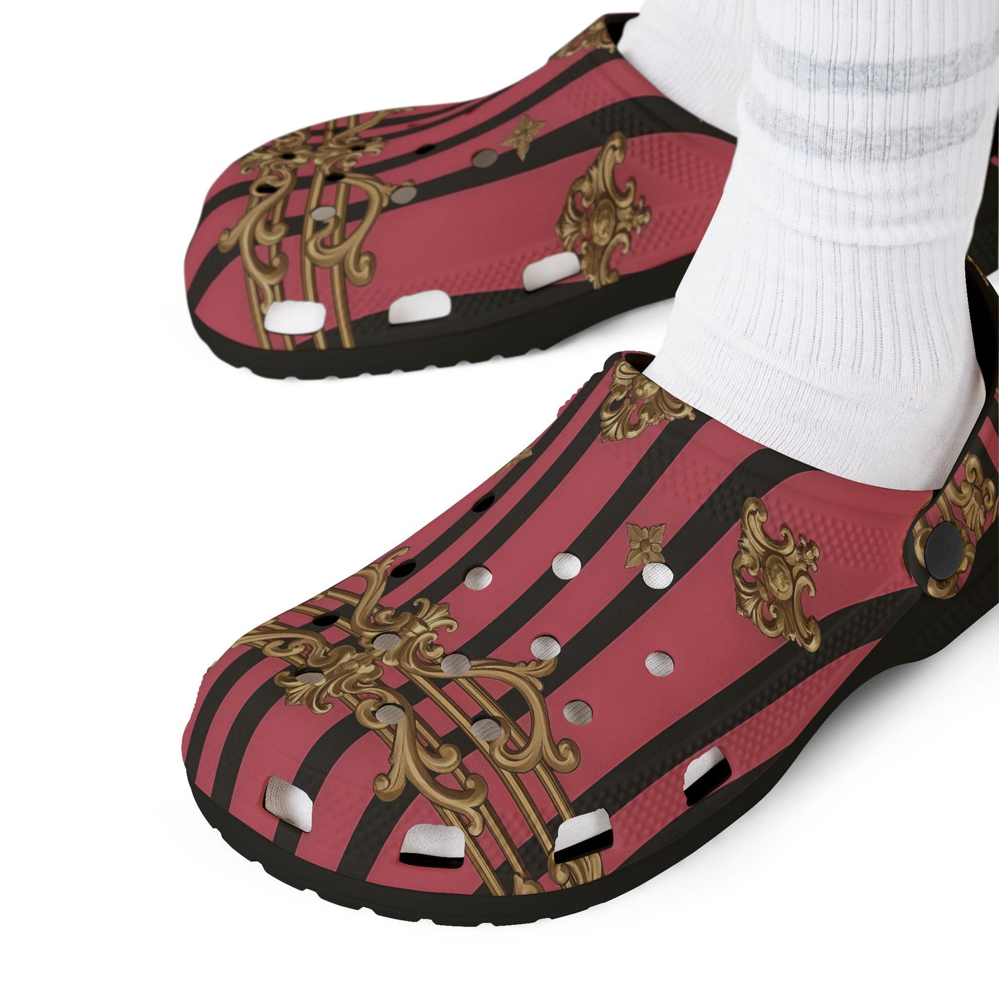 Chic Comfort EVA Foam Clogs, Stylish Slip-On Shoes for Home, Garden, and Casual Outings, Fashionable Footwear - Pink Striped Gold Rococo