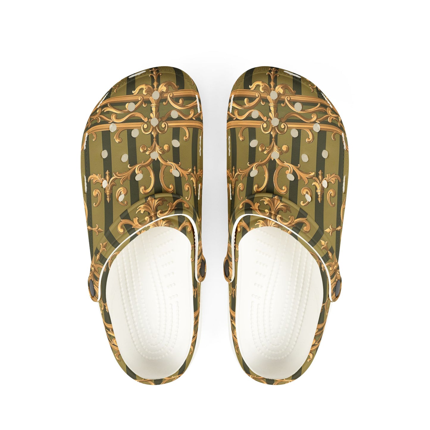 Chic Patterned EVA Foam Shoes, Stylish Footwear, Comfortable Everyday Clogs, Unique Home Shoes - Olive Green Striped Rococo