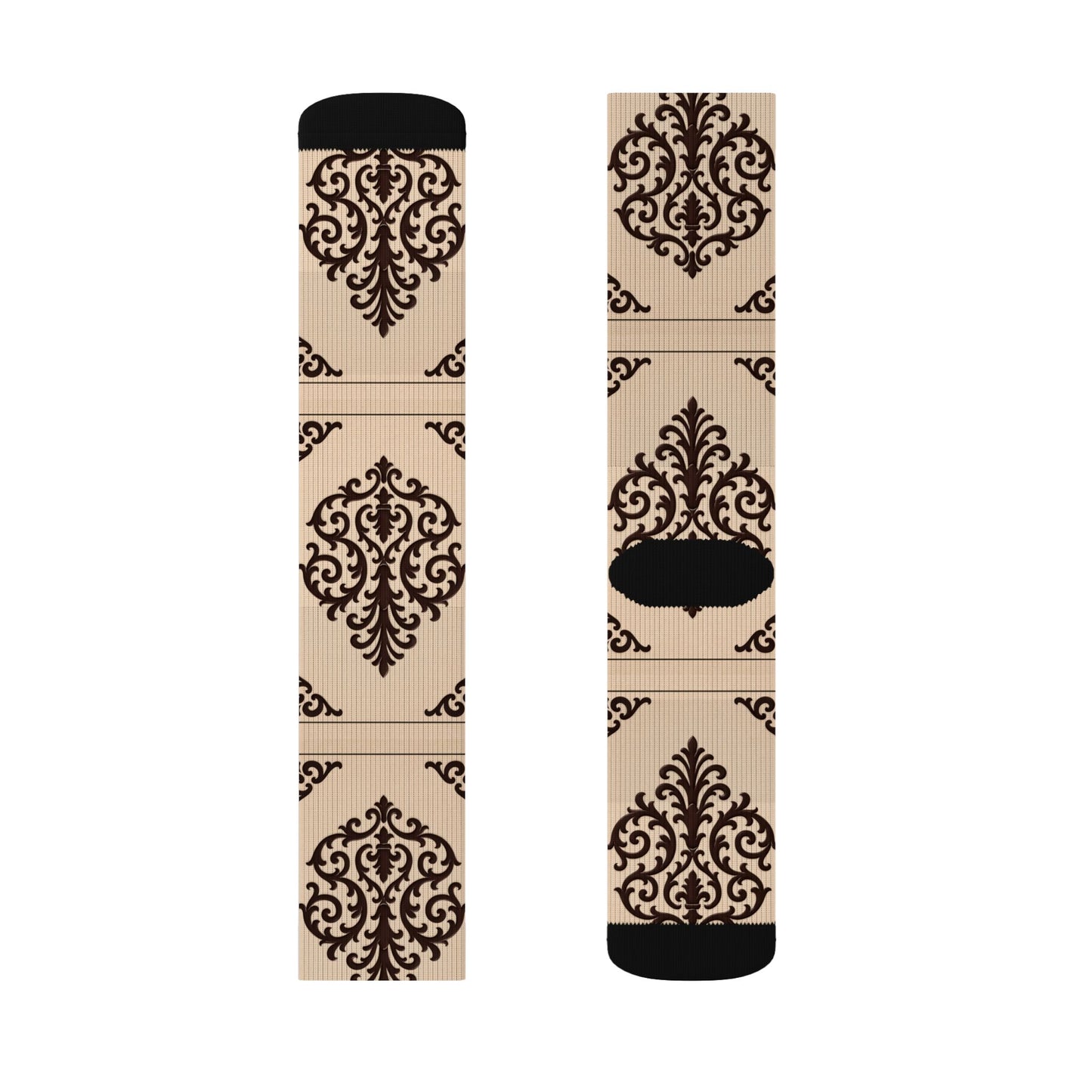 Almond-Beige & Brown Baroque Sublimation Socks – Vintage Baroque Pattern Crew Socks