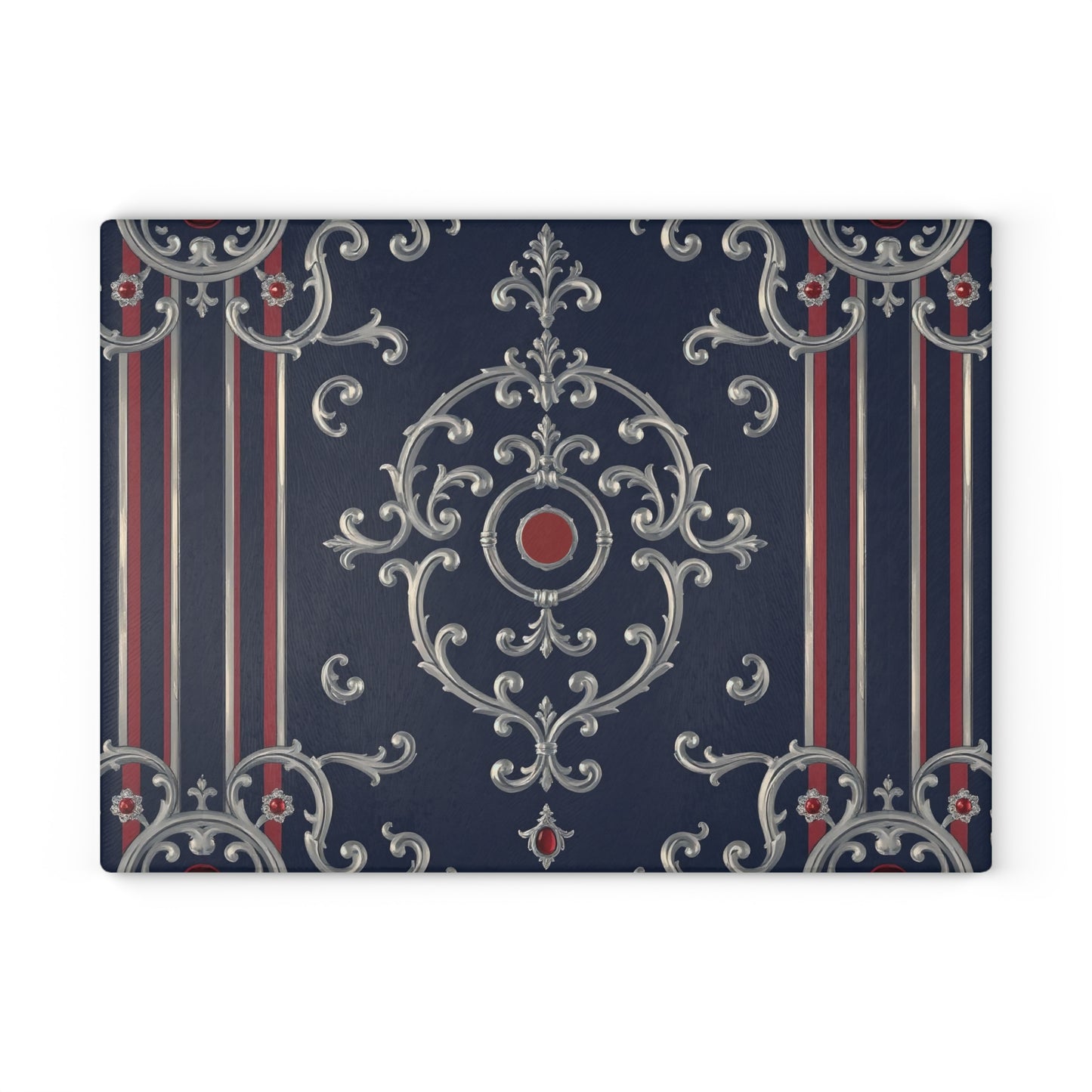 Elegant Glass Cutting Board, Decorative Kitchen Art, Housewarming Gift, Unique Kitchen Decor, Serving Tray - Blue & Red Striped Silver Baroque