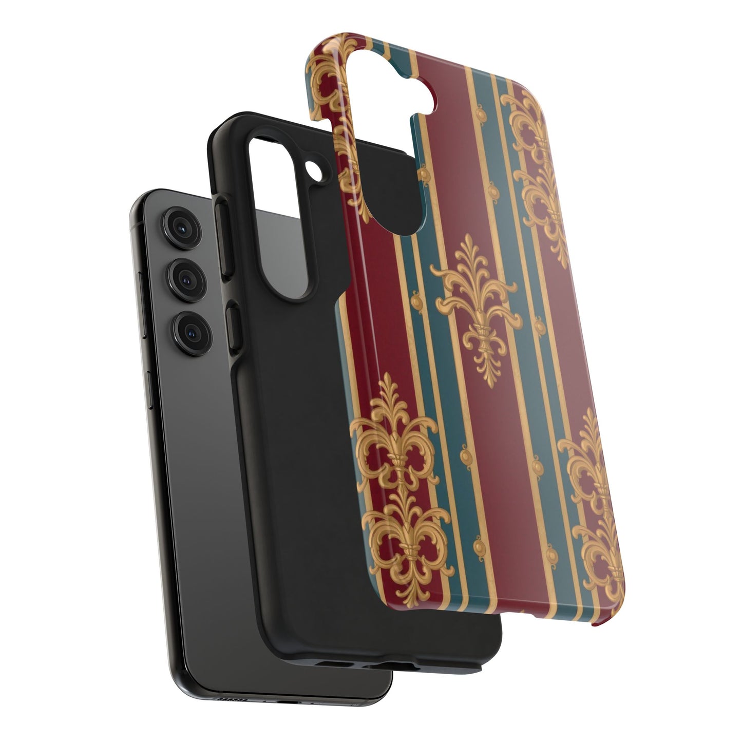 Elegant Vintage Tough Phone Case, Luxury Phone Protection, Stylish Phone Cover, Durable Phone Accessory - Burgundy Striped Gold Baroque