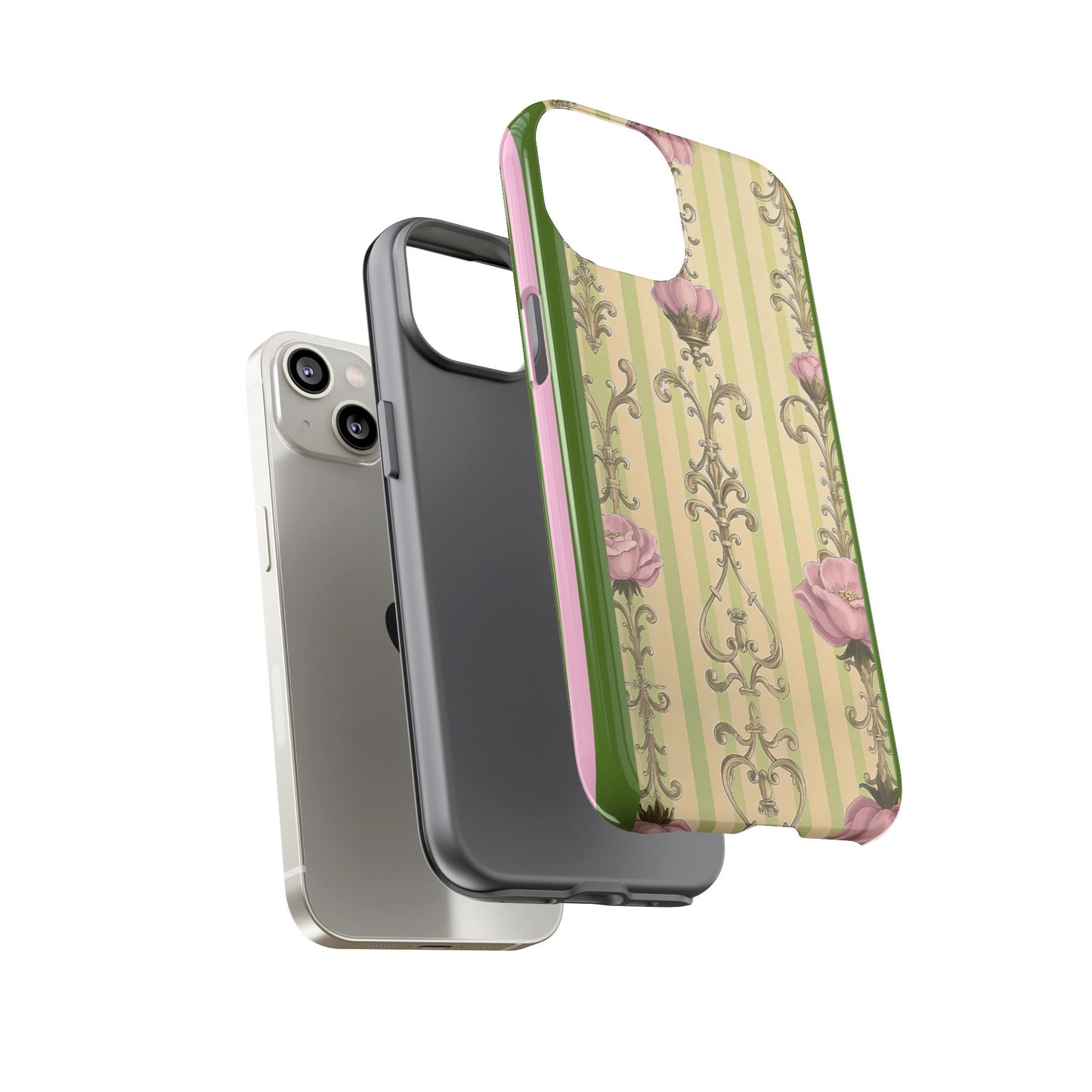 Elegant Floral Motif Phone Case - Tough Cases with Vintage Design - Lime Green & Pink Striped Damask