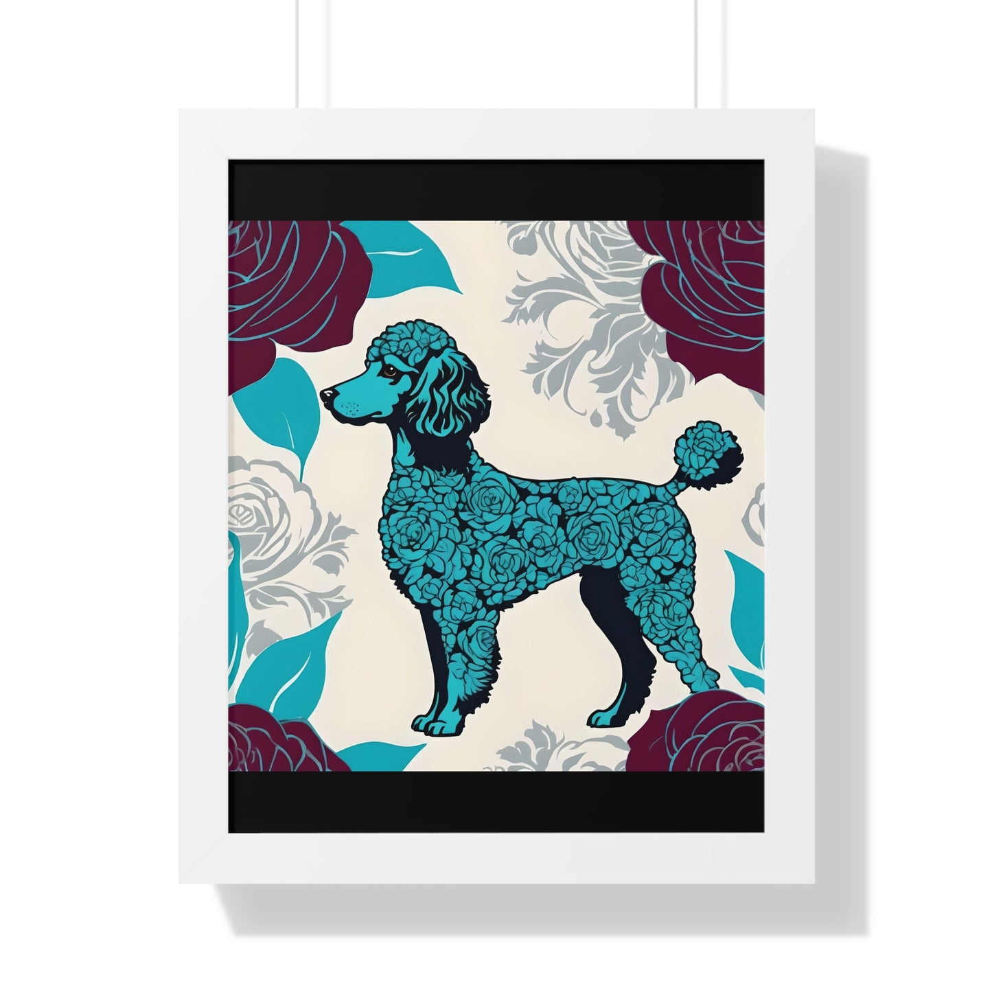 Vertical Poster - Stylish Framed - Art for Home Decor - Rose Inspired Turquoise Poodle With Burgundy Roses