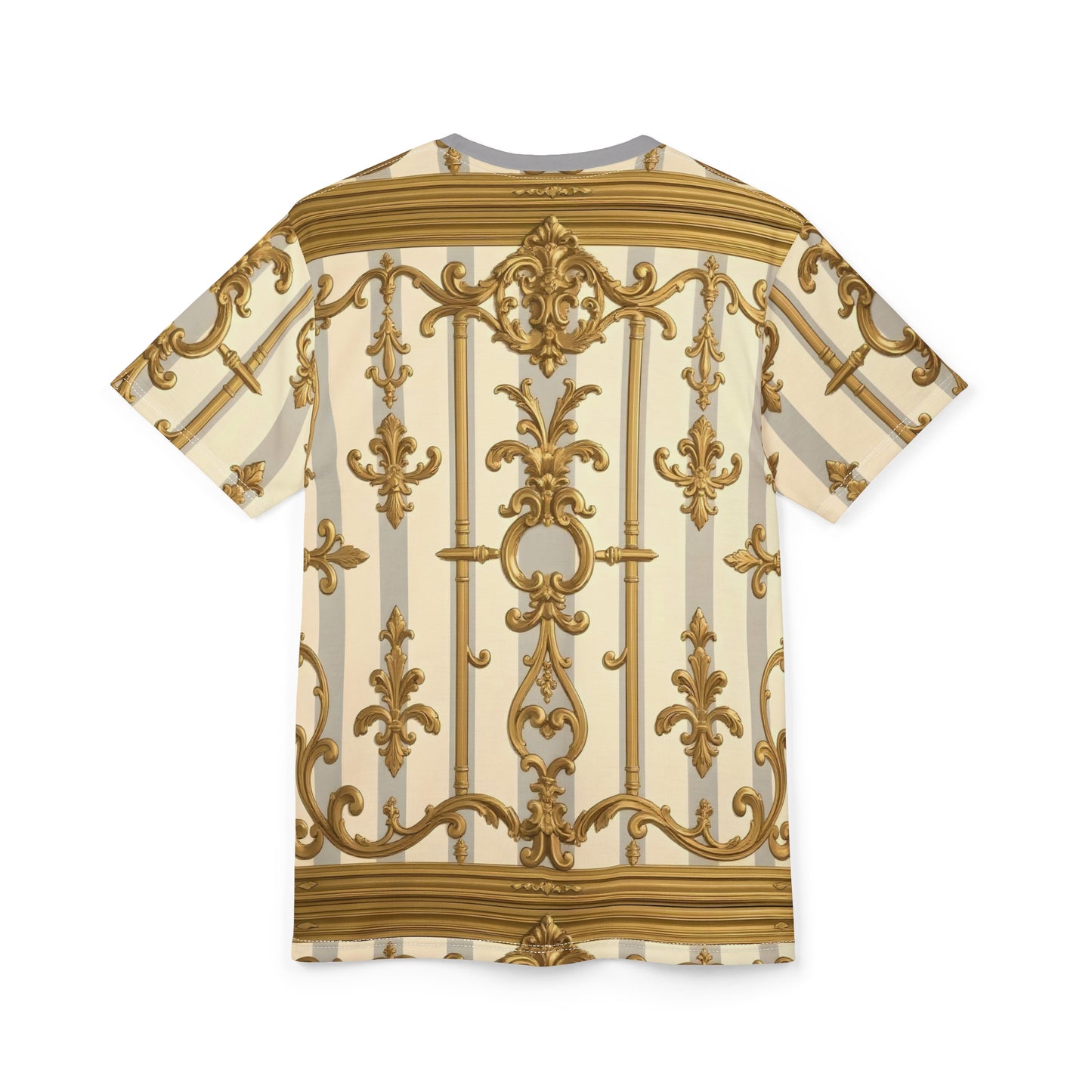 Elegant Gold Patterned Unisex Tee | Fashionable Summer Style, Trendy Gift, Unique Festival Wear - Matte Gray & Cream Striped Gold Baroque