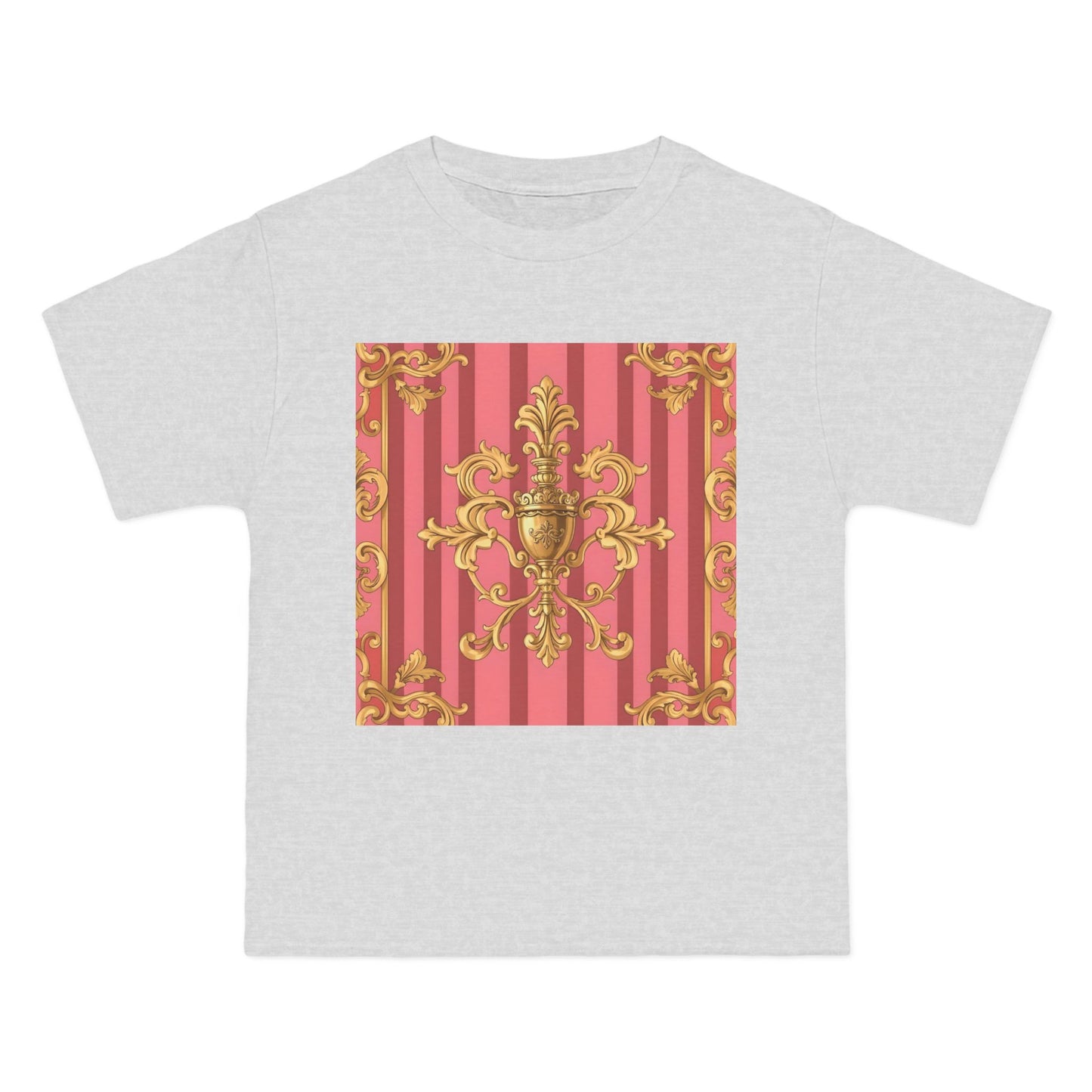 Chic Vintage Style Short-Sleeve T-Shirt - Elegant Baroque Design | Fashion Top, Gift for Her, Casual Wear - Pink Striped Gold Baroque