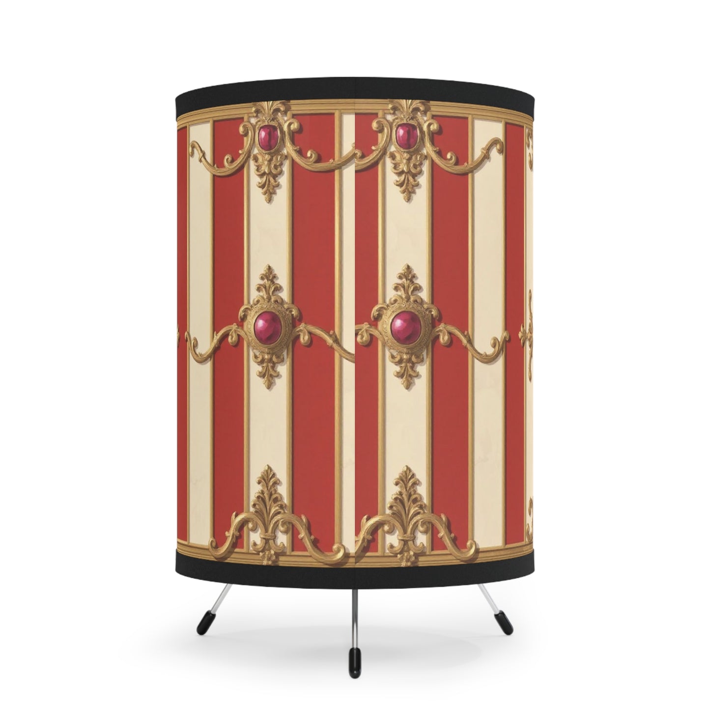 Vintage-Inspired Tripod Lamp with Elegant High-Res Print Shade - Alabaster & Dusk Orange Striped Baroque