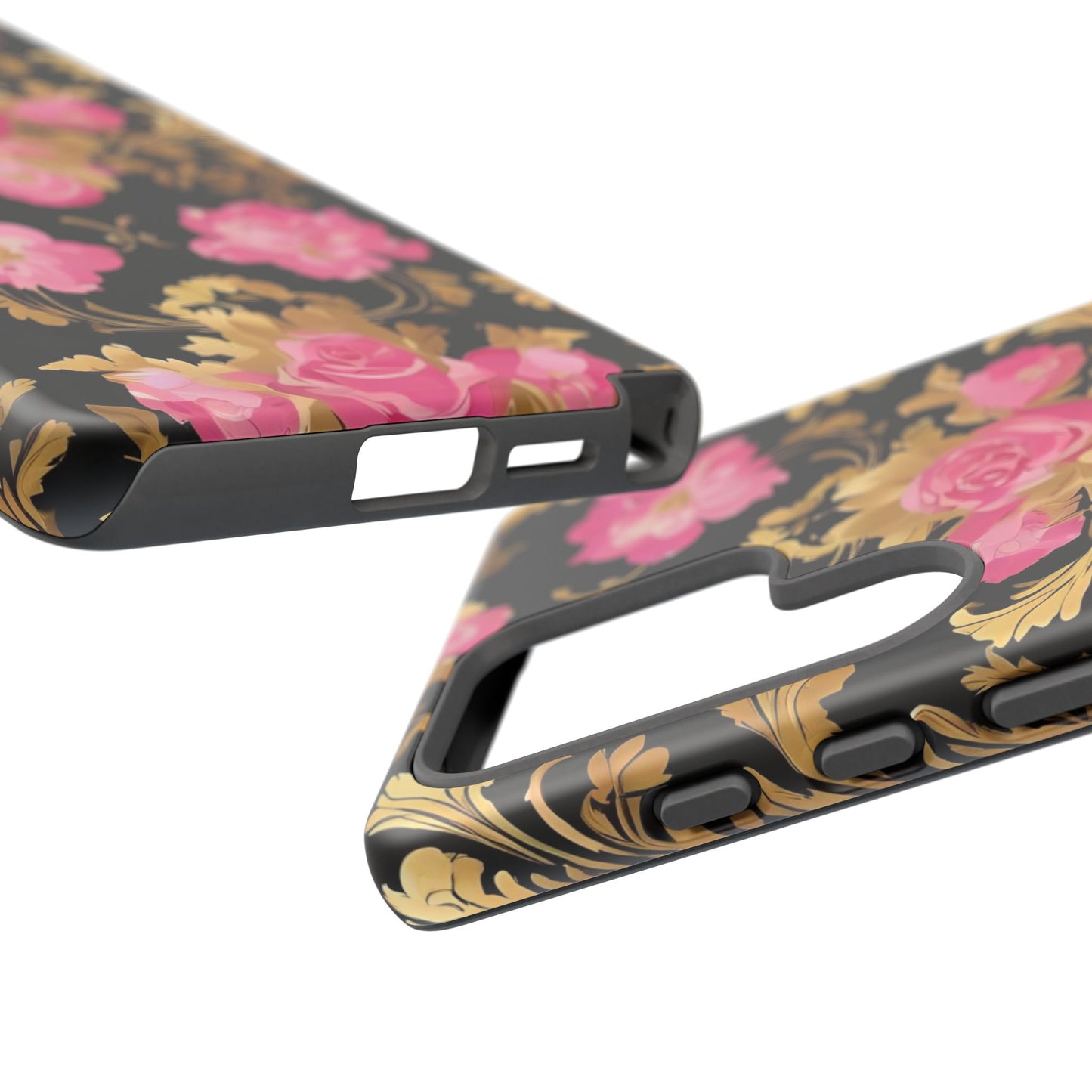 Elegant Floral Motif Phone Case - Tough Cases with Vintage Design - Pink & Gold Roses