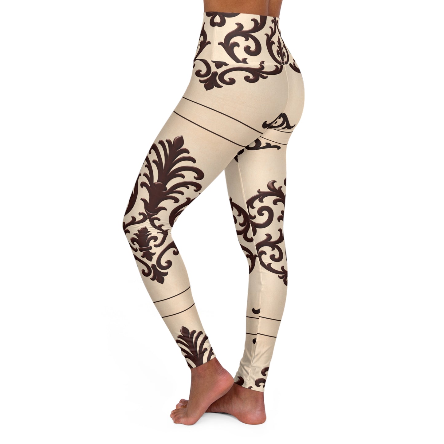 Almond-Beige & Brown Baroque High-Waisted Yoga Leggings — Elegant Scroll Pattern Activewear