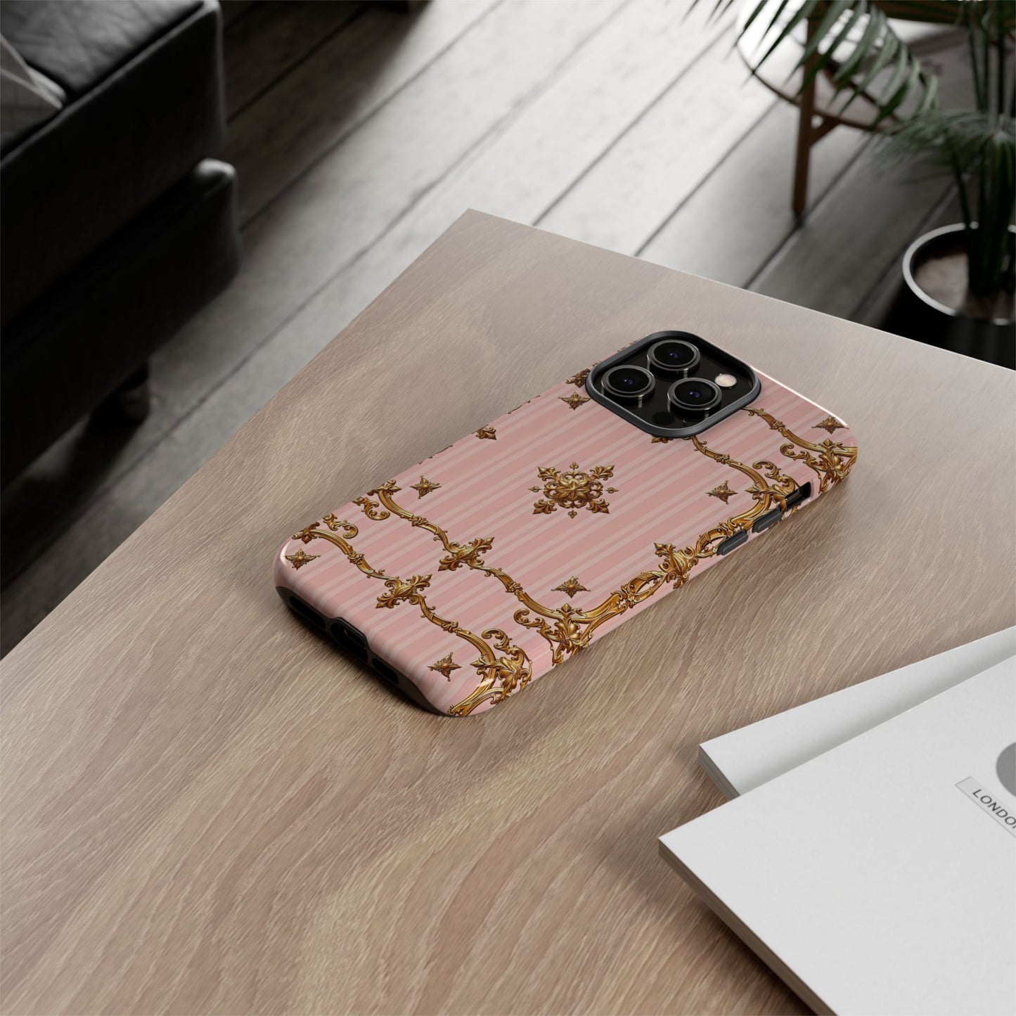 Elegant Floral Phone Case, Tough Cases for Women, Trendy Phone Cover, Chic Gift - Pink Striped Gold Baroque
