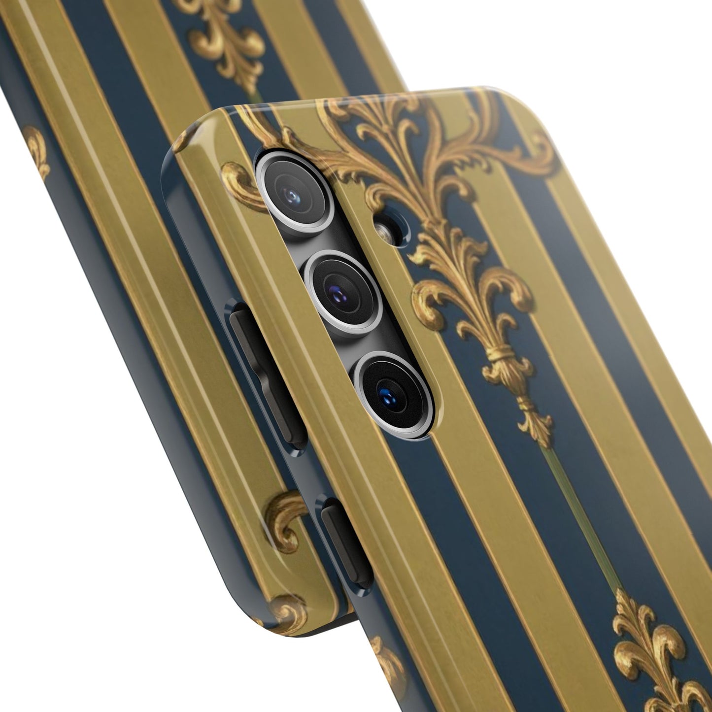 Elegant Midnight Blue & Olive Striped Gold Baroque Tough Phone Case, Phone Cover, Durable Case for Protection, Stylish Gift for Him/Her