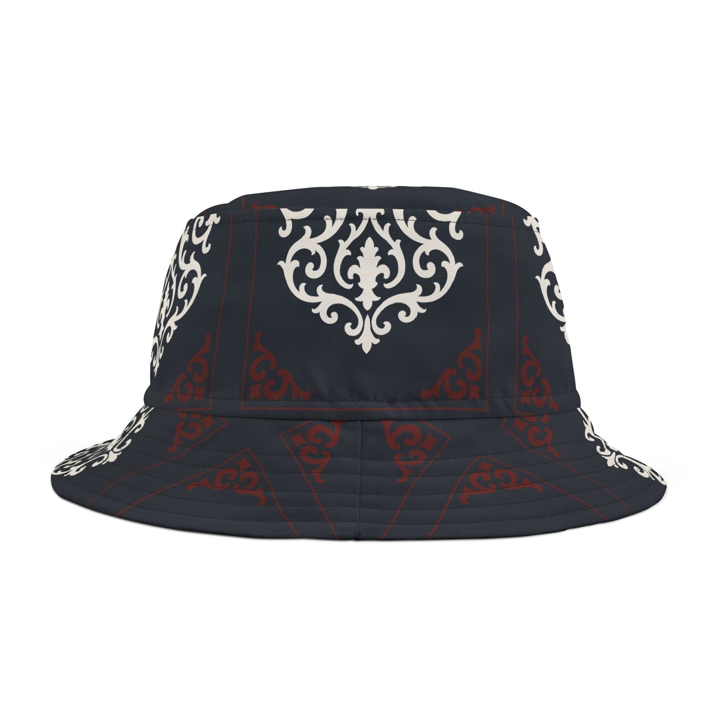 Dusk Blue & Maroon-White Baroque Bucket Hat — Vintage Ornamental Print