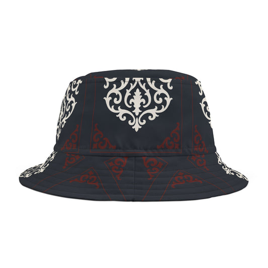 Dusk Blue & Maroon-White Baroque Bucket Hat — Vintage Ornamental Print