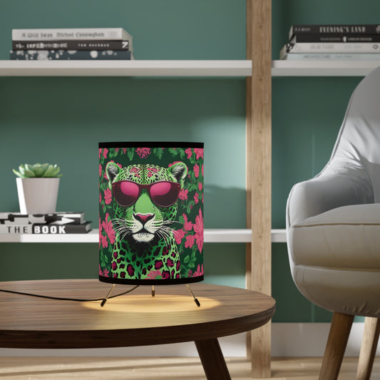 Tripod Lamp - Elegant Vintage Floral Print Home Accent - Lime Green & Burgundy Leopard In Sunglasses Design