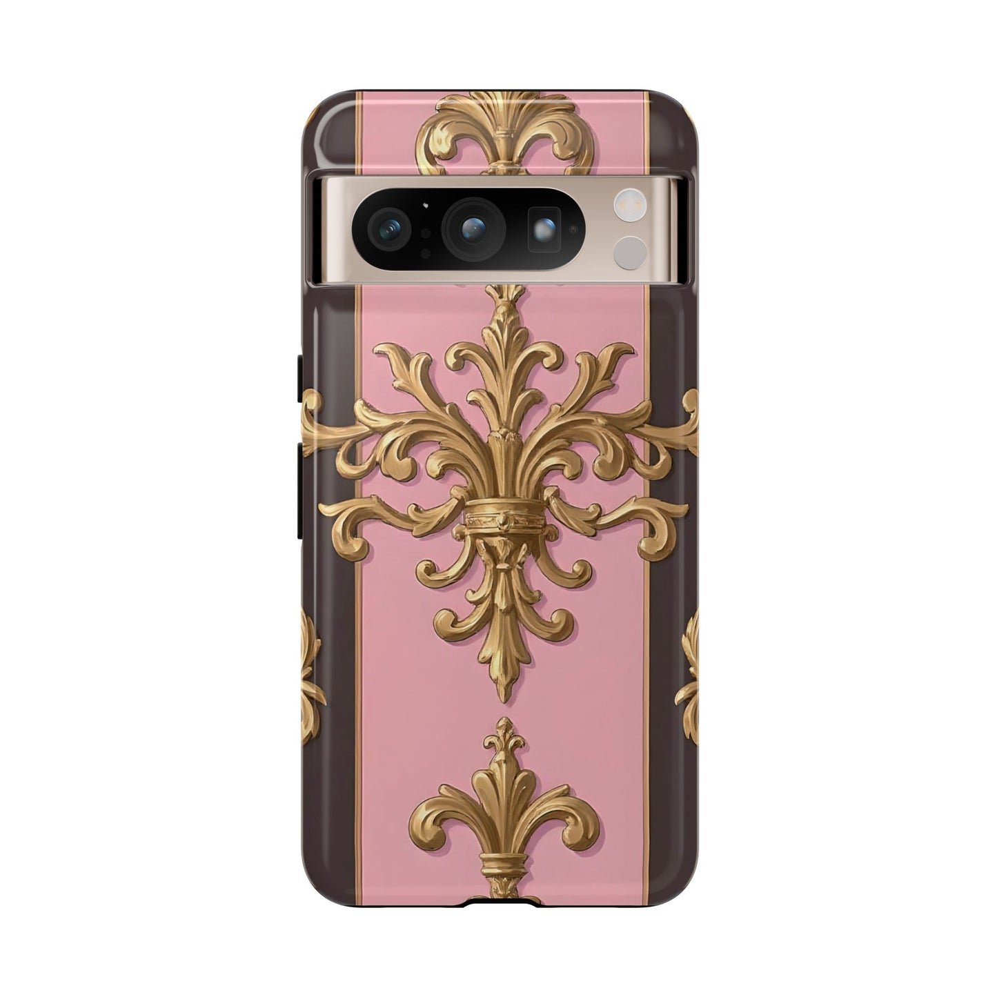 Elegant Floral Motif Phone Case - Tough Cases with Vintage Design - Pink & Brown Striped Gold Damask