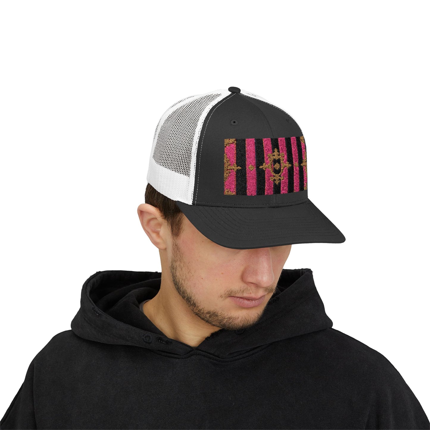 Stylish Snapback Trucker Cap with Black & Mauve Striped Gold Baroque, Trendy Fashion Hat, Perfect Gift for Him/Her