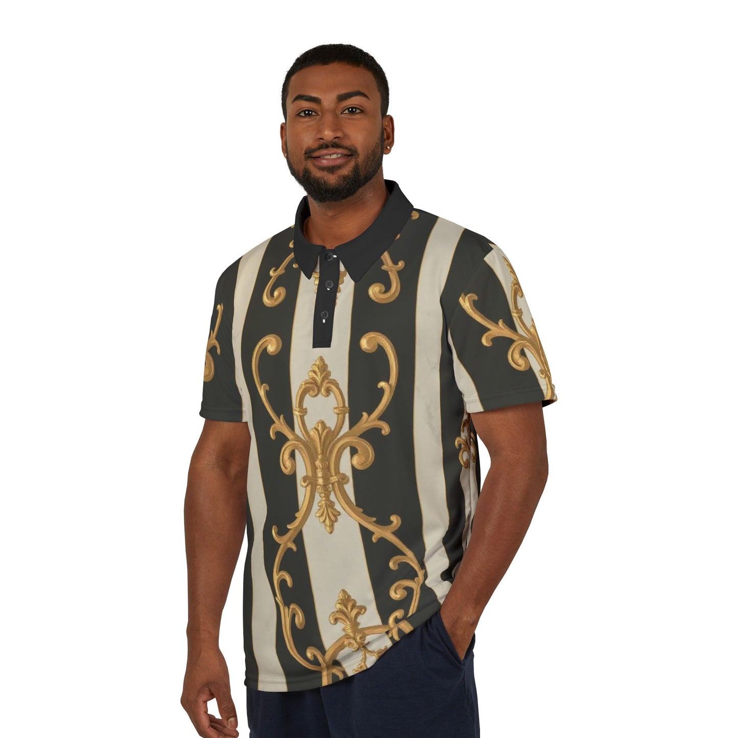 Elegant Black & Alabaster Striped Baroque Unisex Polo Shirt, Retro Style Top, Casual Chic Attire, Perfect for Parties, Spring Gatherings, Unique Gift