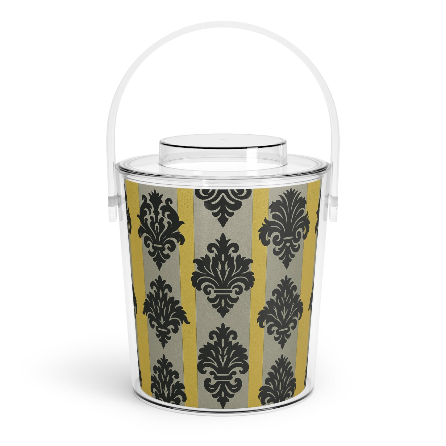 Chic Ice Bucket with Tongs, Elegant Drink Cooler for Parties, Home Bar, Summer Gatherings, Weddings - Silver & Gold Striped Black Baroque