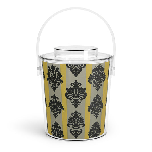 Chic Ice Bucket with Tongs, Elegant Drink Cooler for Parties, Home Bar, Summer Gatherings, Weddings - Silver & Gold Striped Black Baroque