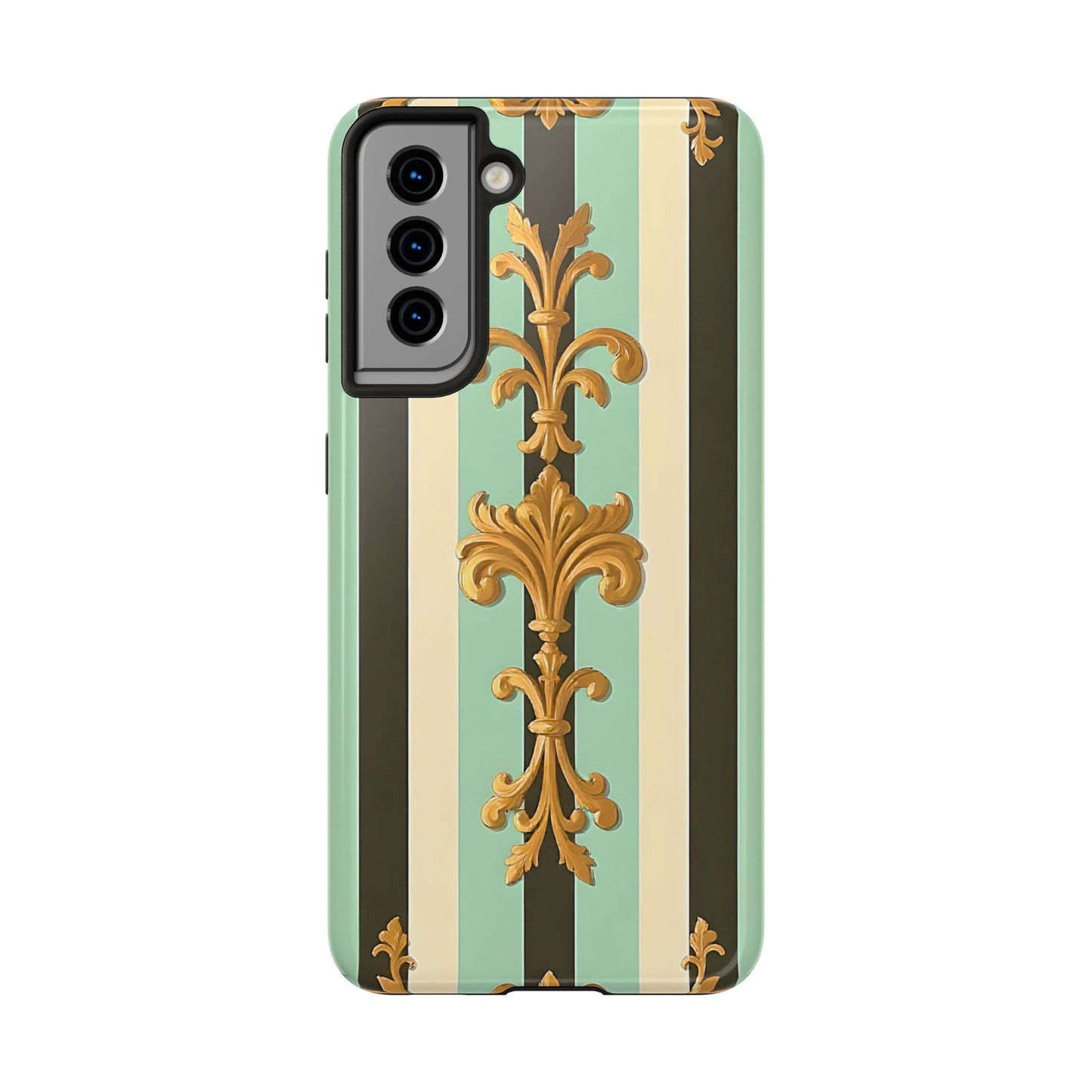 Elegant Floral Tough Phone Cases - Stylish Protection for All Occasions, Gifts for Her, Phone Covers - Black & Matte Mint Striped Rococo