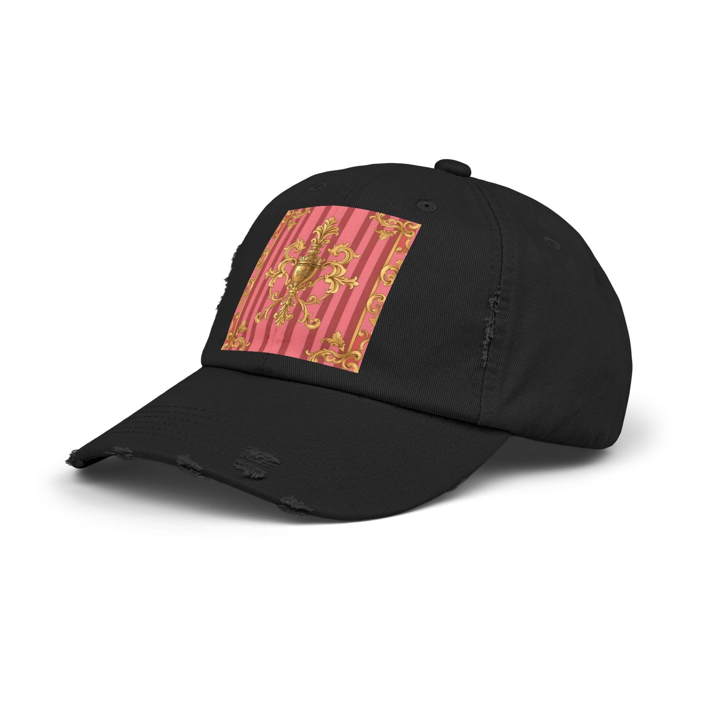 Chic Distressed Unisex Cap - Trendy Accessories for Style Lovers, Everyday Wear, Fashion Statement, Birthday Gift - Pink Striped Gold Baroque