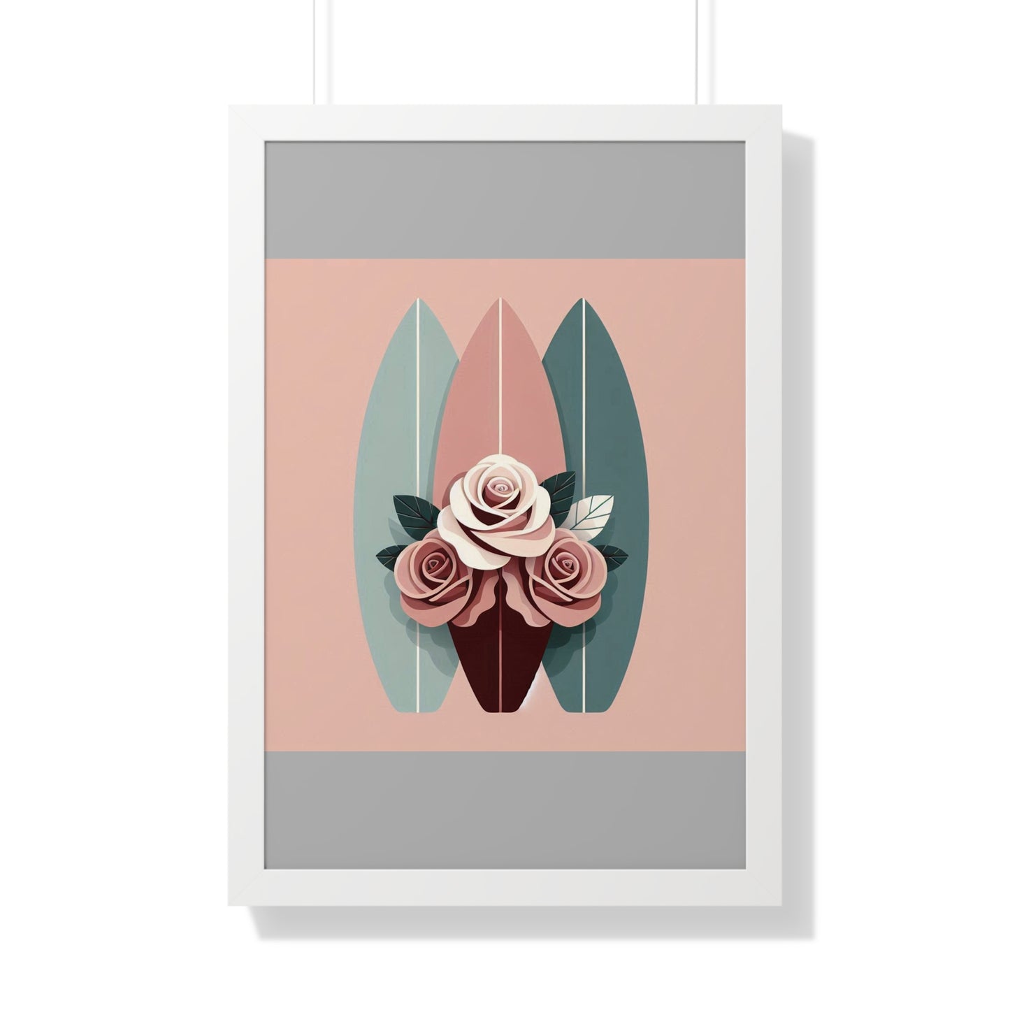 Vertical Poster - Burgundy, Matte Mauve & Teal Surfboard & Roses Wall Art