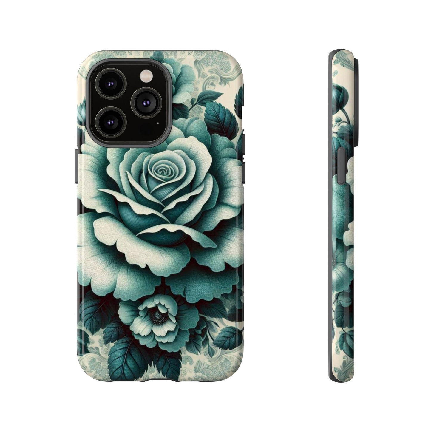 Elegant Floral Motif Phone Case - Tough Cases with Vintage Design - Teal Roses & Damask