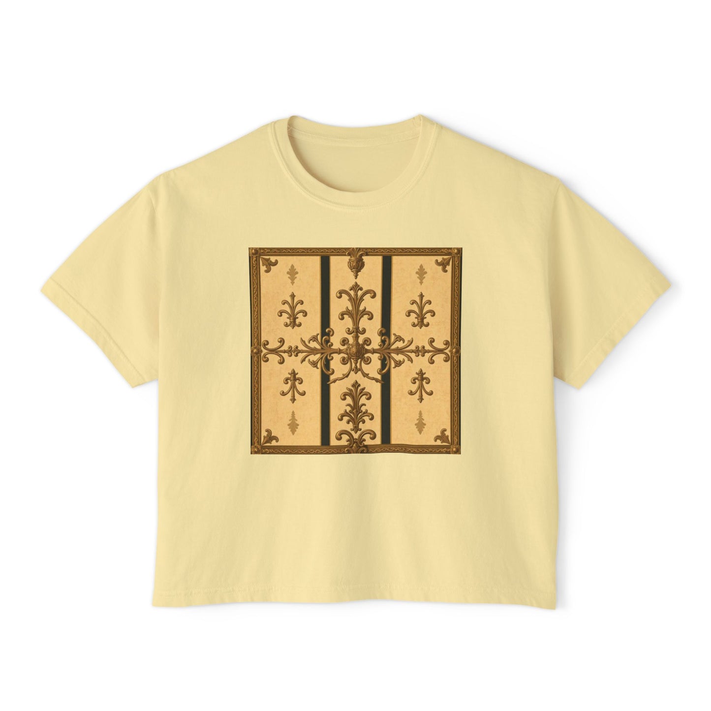 Chic Vintage Women's Boxy Tee, Casual Top, Retro Fashion T-Shirt, Gift for Her, Stylish Graphic Tee - Matte Yellow Striped Antique Rococo
