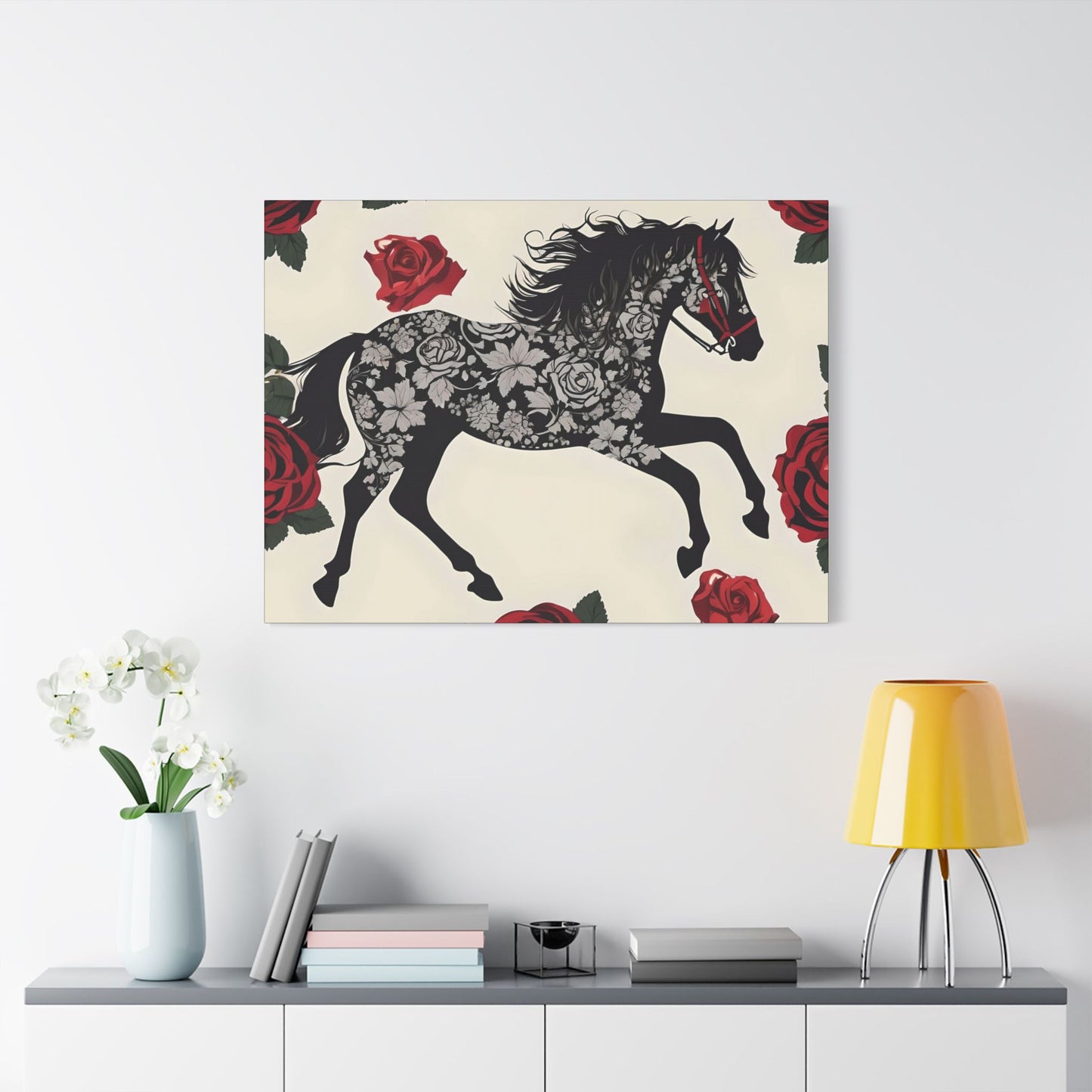 Art Print Canvas, Wall Decor, Satin Stretched Canvas, Equestrian Art, Office Decor, Home Decor - Horse & Roses