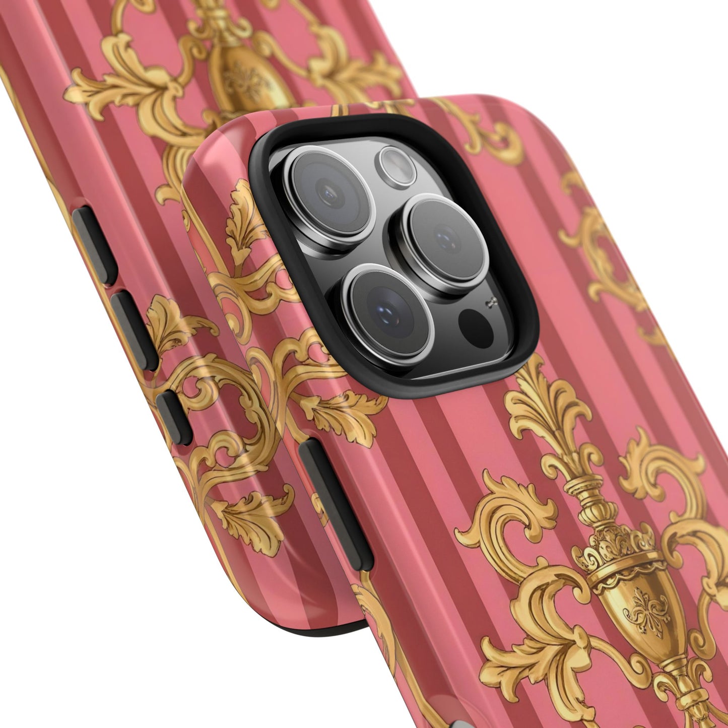 Elegant Baroque Tough Phone Cases, Durable Phone Cover, Stylish Accessory, Gift for Any Occasion - Pink Striped Gold Baroque