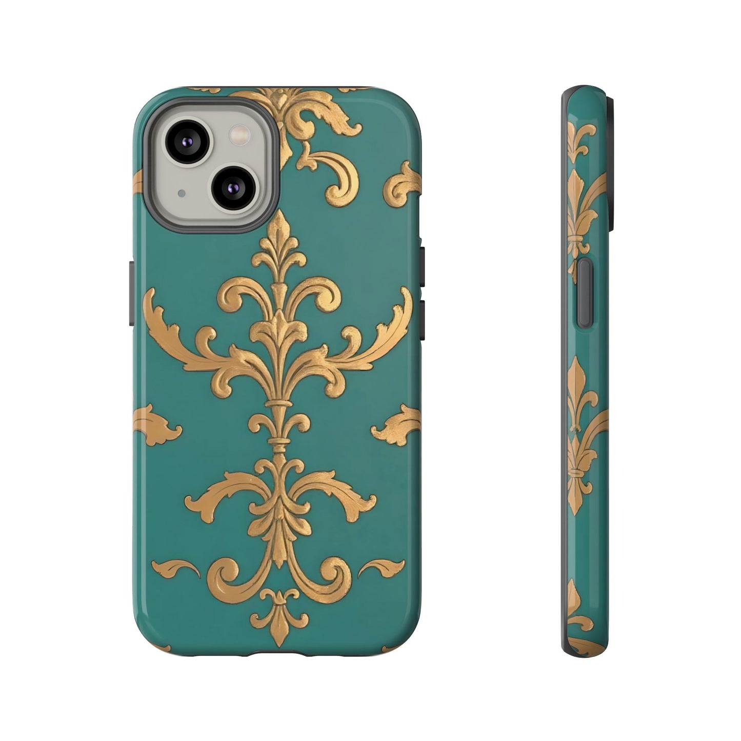 Elegant Floral Motif Phone Case - Tough Cases with Vintage Design - Aqua & Gold Damask