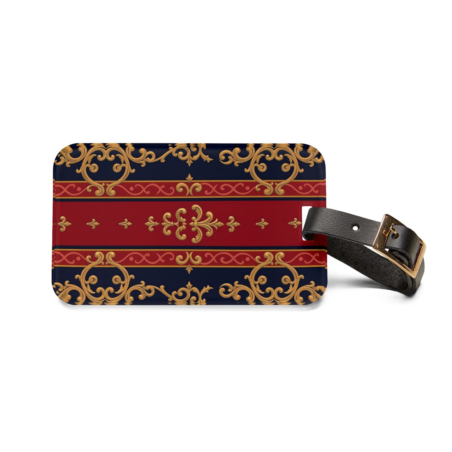 Elegant Travel Luggage Tag | Floral Design, Personalized Gift, Bag Identifier, Travel Accessory, Vacay Essentials - Midnight Blue & Dusk Red Gold Baroque