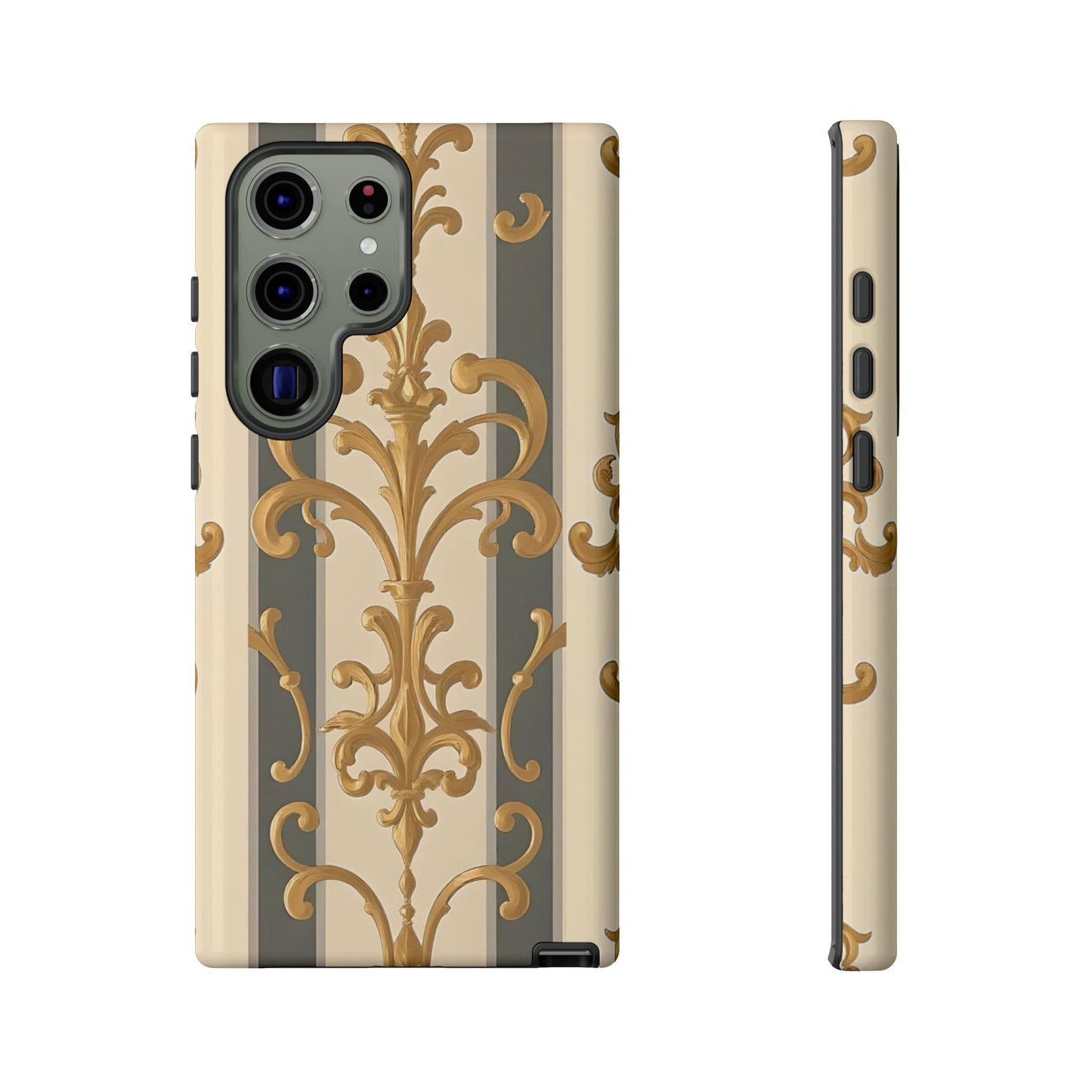 Elegant Floral Motif Phone Case - Tough Cases with Vintage Design - Dusk Olive Striped Gold Damask