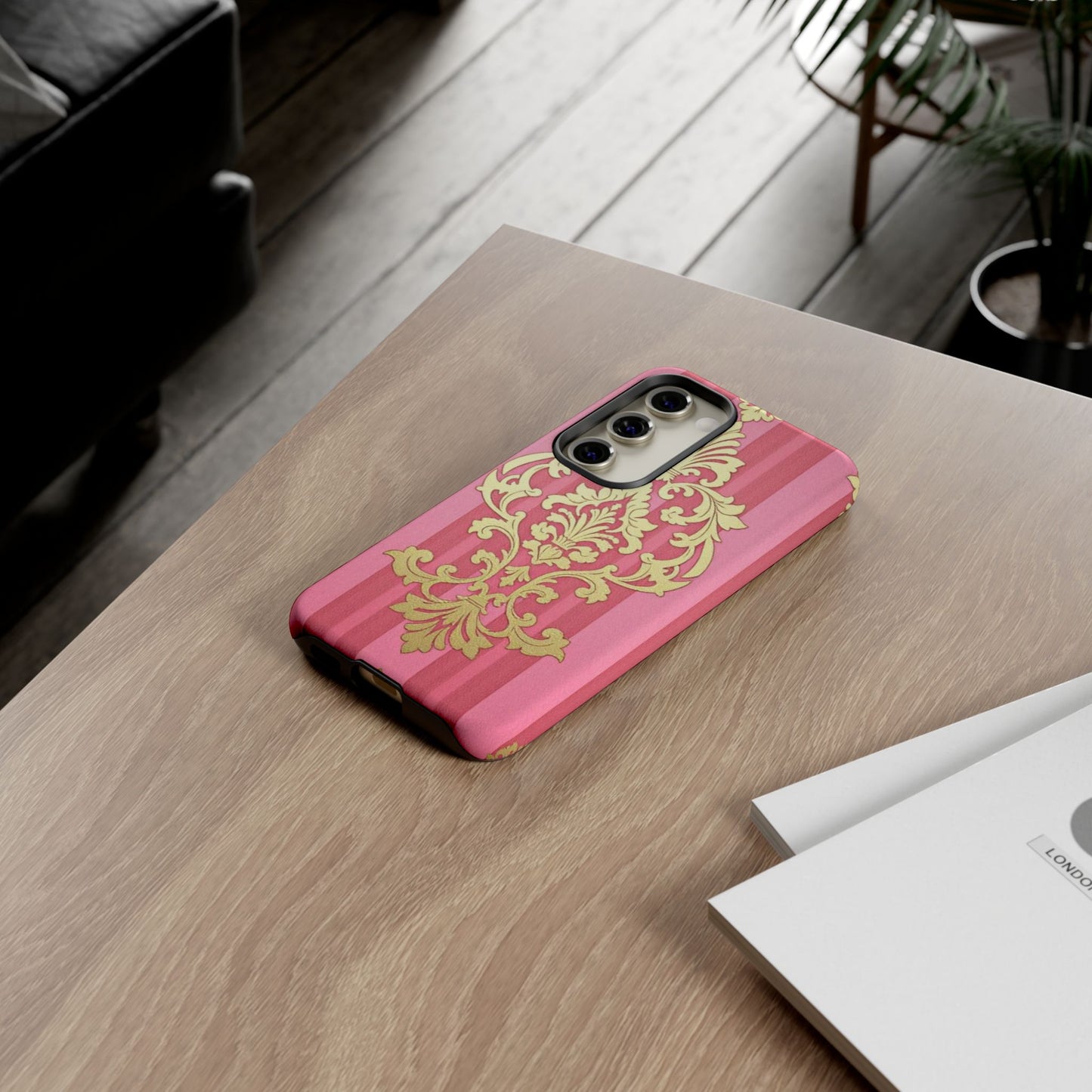 Elegant Floral Motif Phone Case - Tough Cases with Vintage Design - Pink Striped Damask
