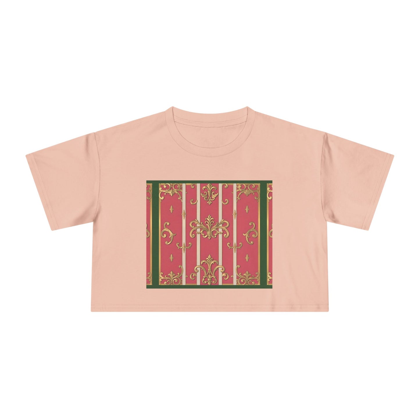 Chic Green Border Pink Striped Baroque Women's Crop Tee - Vintage Style Shirt for Casual Outings, Holidays, Gift Ideas, Spring Fashion, Trendy Top