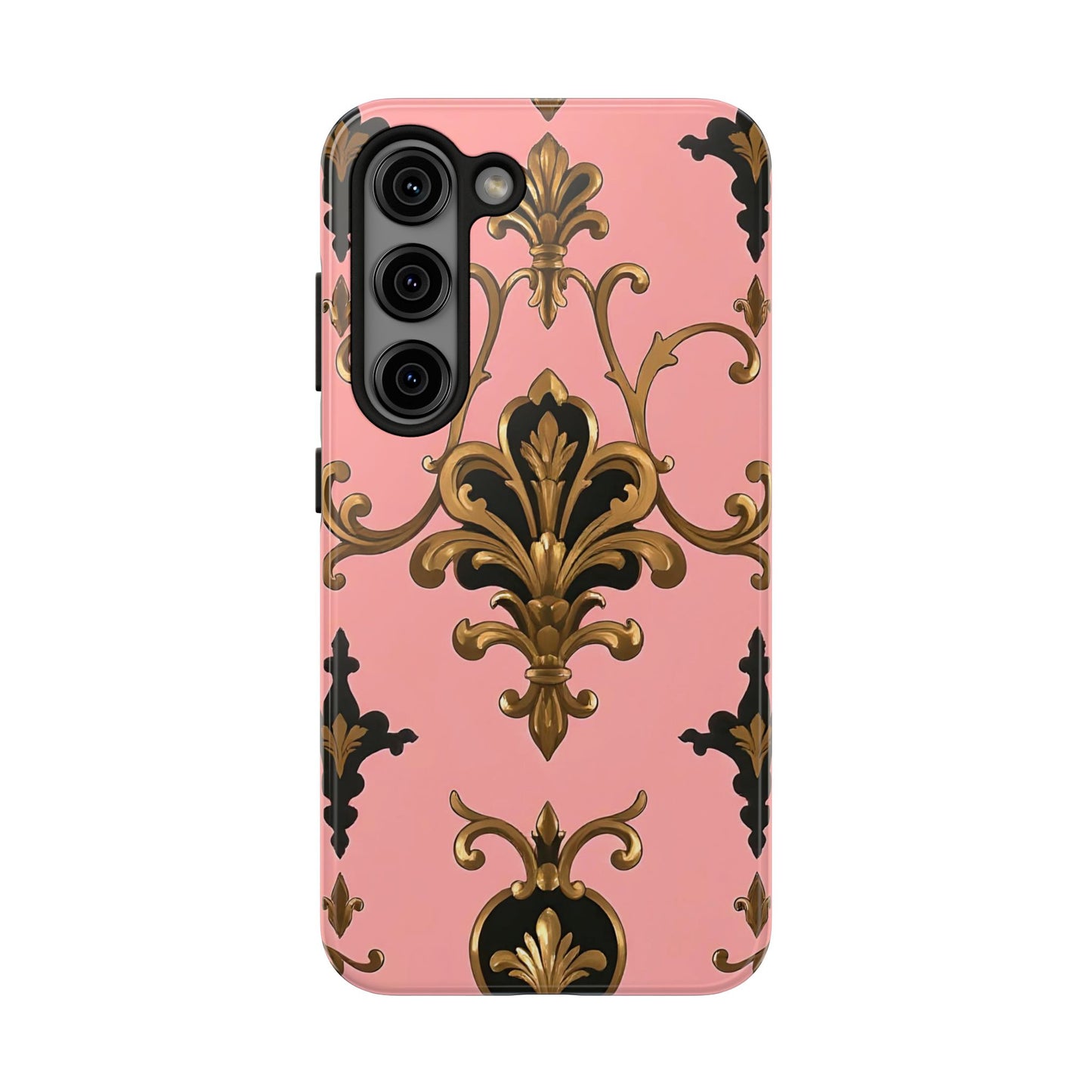 Chic Tough Phone Cases with Floral Design, Elegant Phone Cover, Durable Smartphone Case, Stylish Tech Accessory - Pink, Black & Gold Rococo