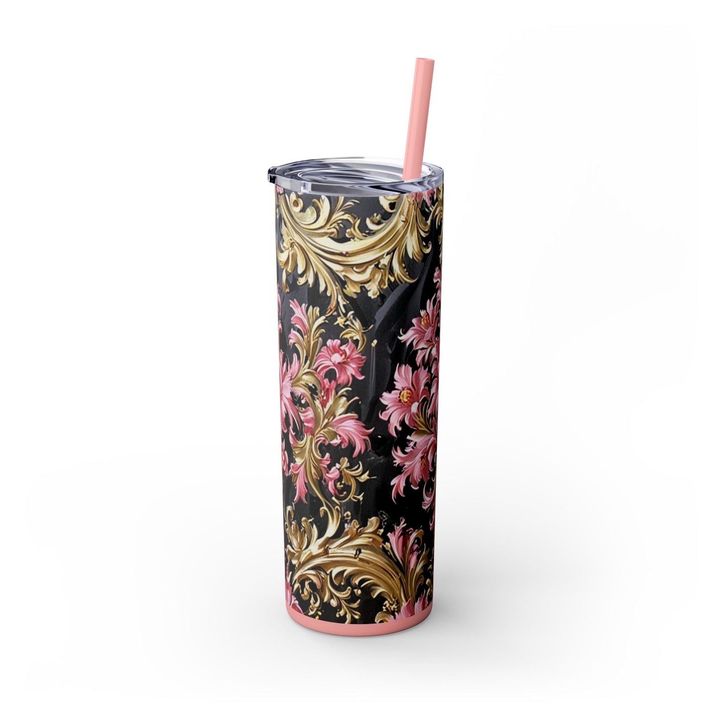 Chic Floral Skinny Tumbler with Straw, 20oz - Elegant Drinkware for Tea Lovers, Travel Mugs, Gifts for Her - Black & Pink Oil Painting Style Rococo