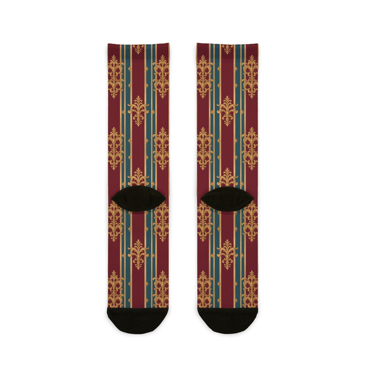 Unisex Elegant Patterned Crew Socks, Cozy Gift, Fashionable Footwear, Holiday Essentials - Burgundy Striped Gold Baroque