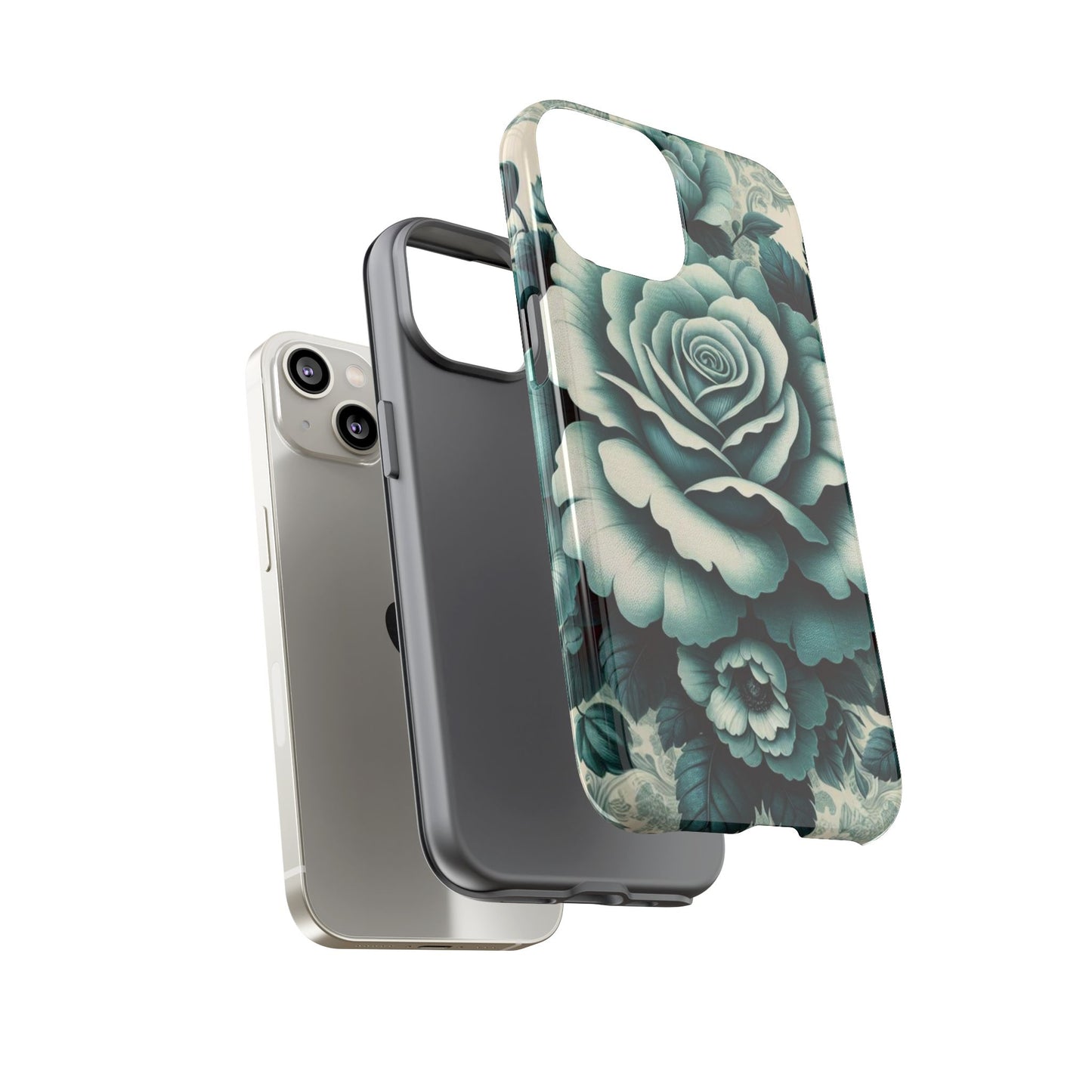 Elegant Floral Motif Phone Case - Tough Cases with Vintage Design - Teal Roses & Damask