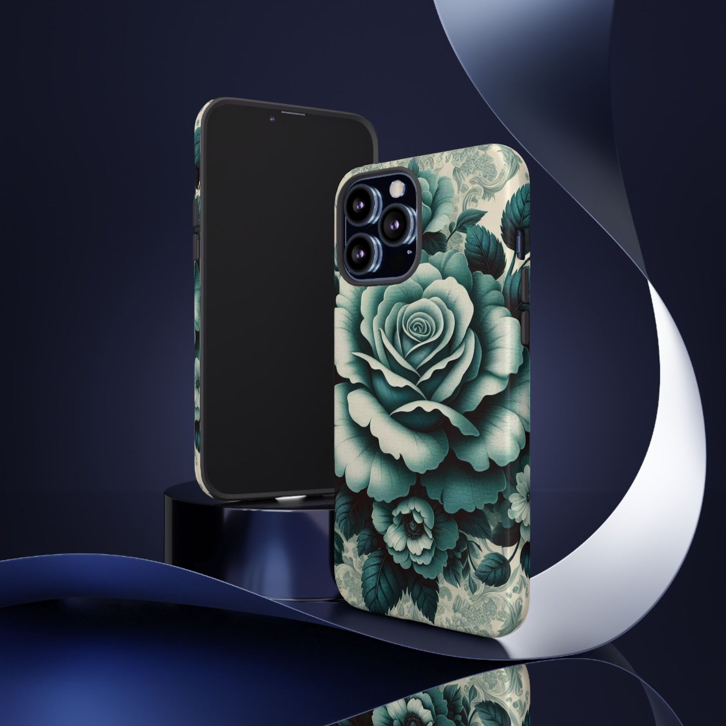 Elegant Floral Motif Phone Case - Tough Cases with Vintage Design - Teal Roses & Damask