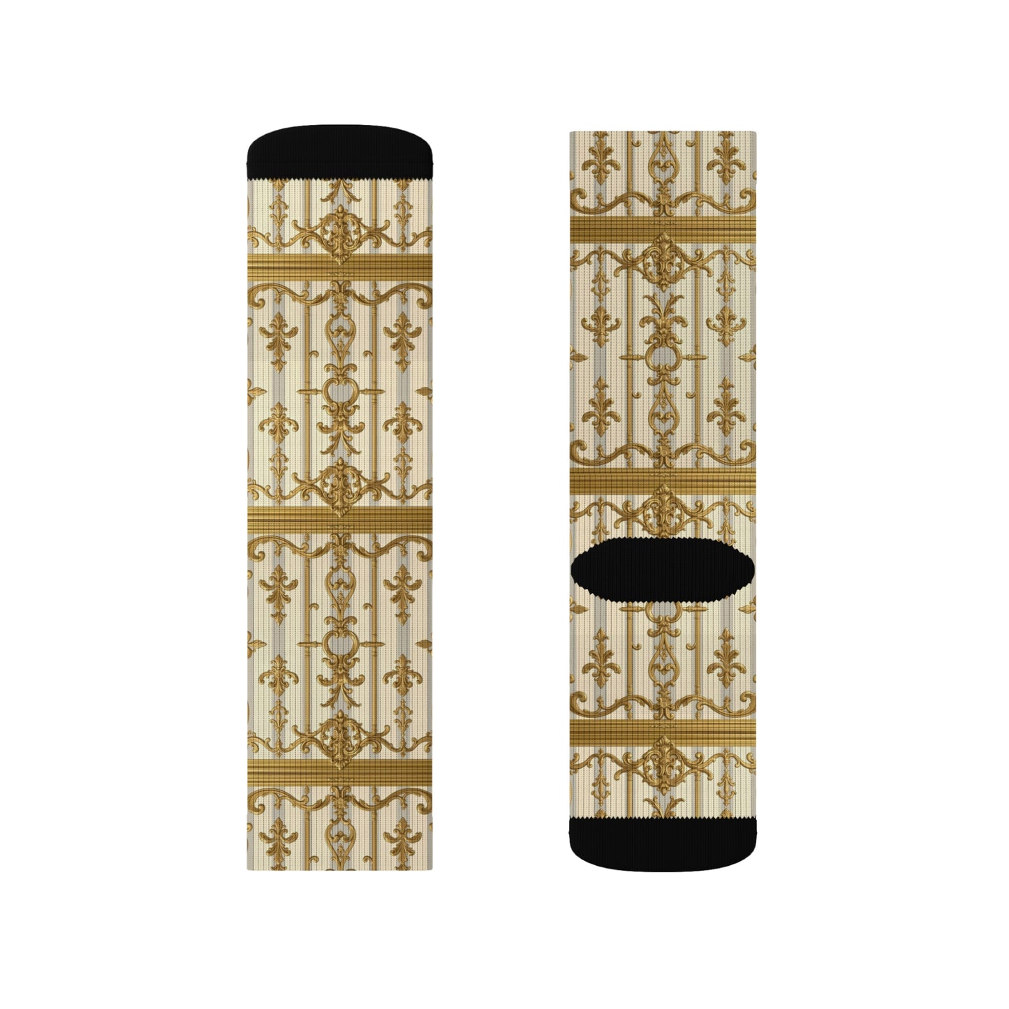 Stylish Sublimation Socks with Elegant Pattern, Unique Gift for Fashion Lovers, Cozy Fashion Statement - Matte Gray & Cream Striped Gold Baroque