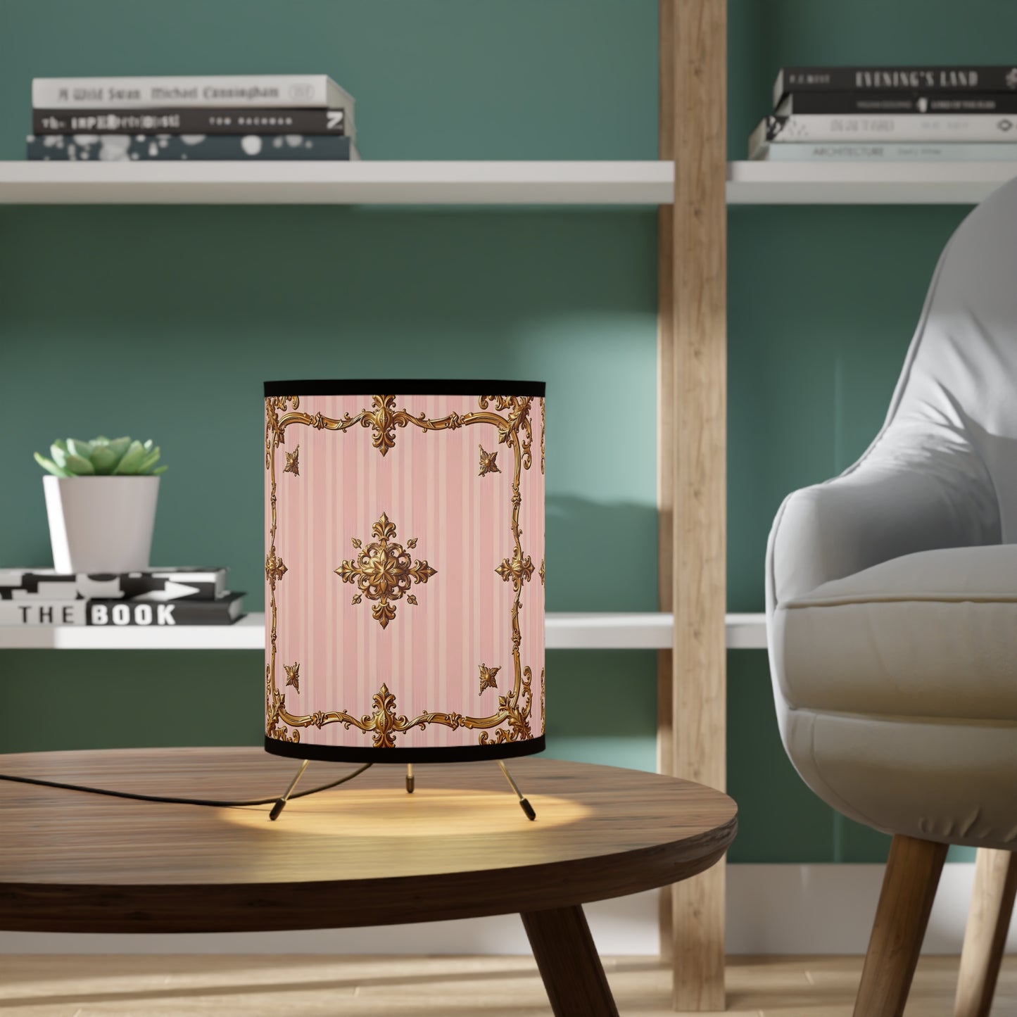 Elegant Tripod Lamp with Vintage Floral Design Shade - Pink Striped Gold Baroque