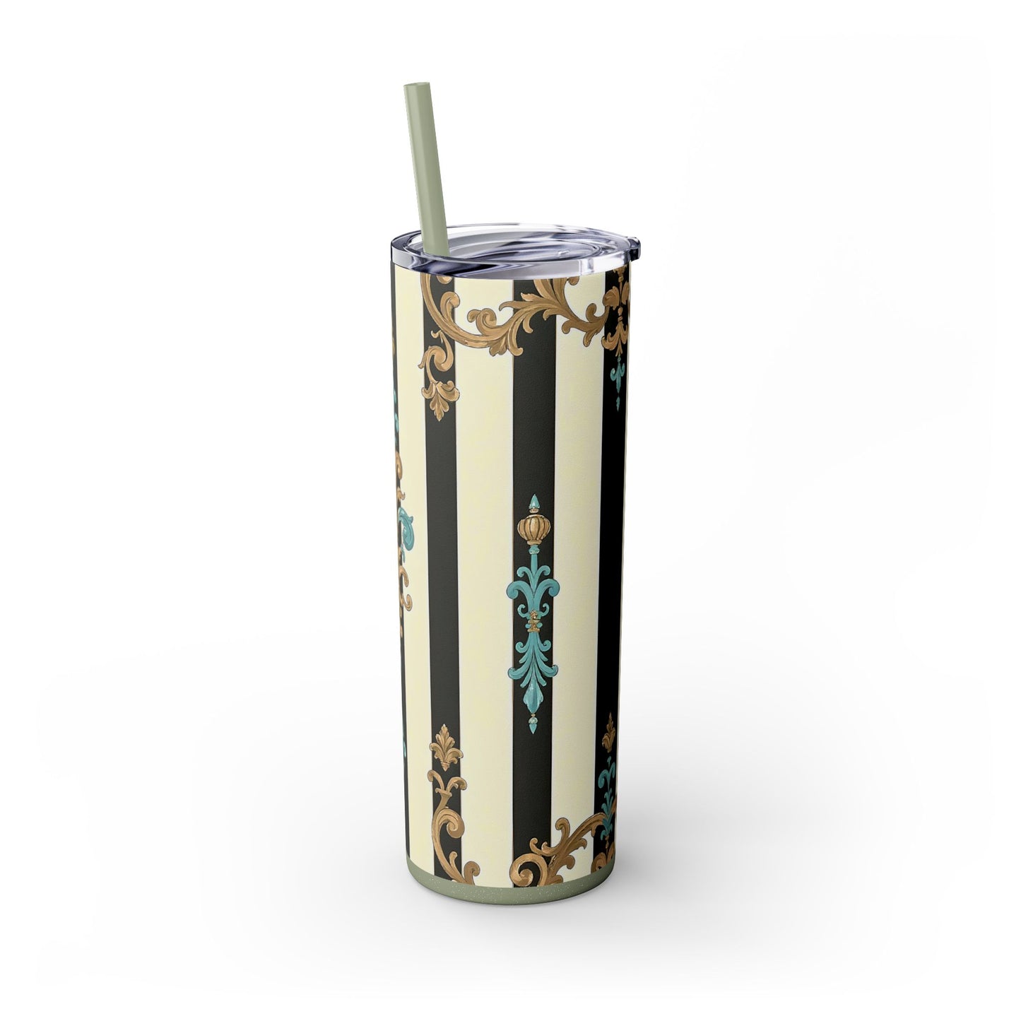 Elegant Stripe Skinny Tumbler | 20oz | Ideal Gift for Home, Office, Travel, Party, or Everyday Use - Black Striped Turquoise & Black Rococo
