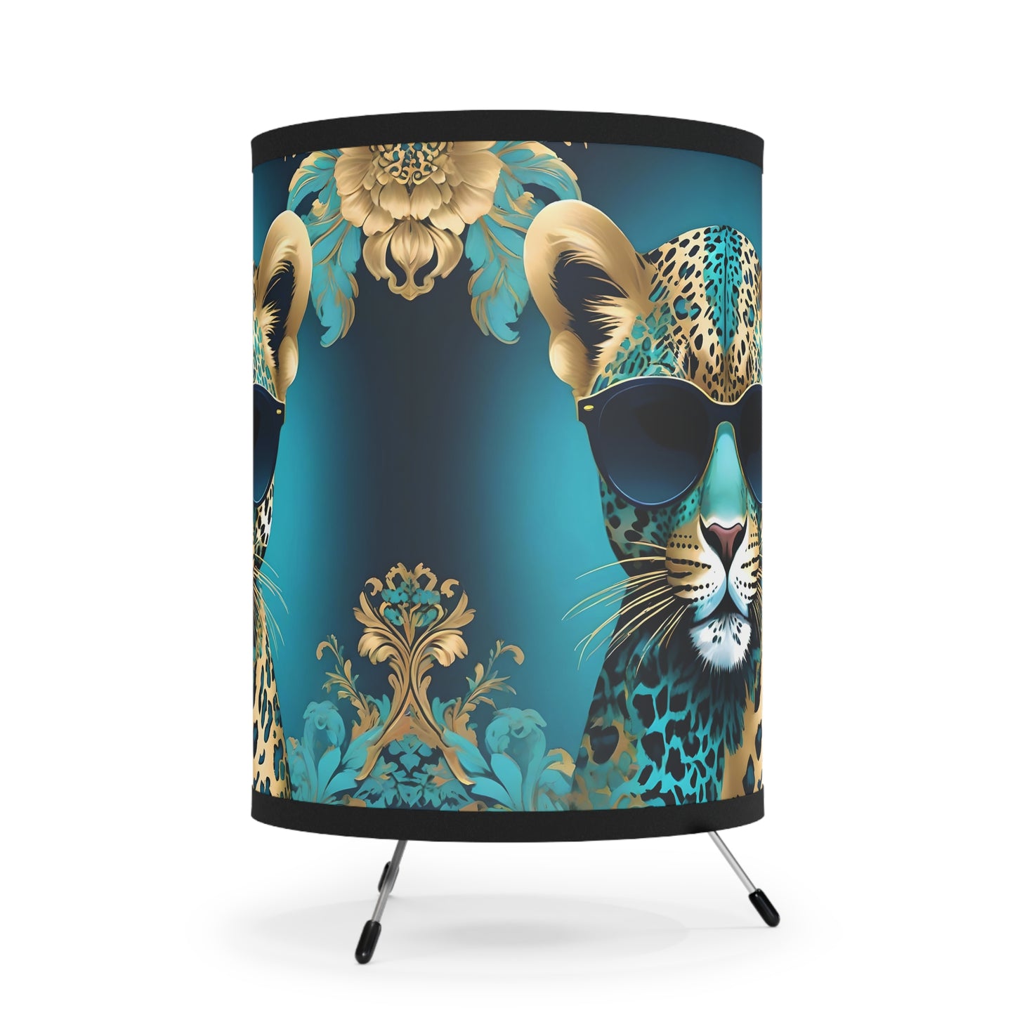 Tripod Lamp - Elegant Vintage Floral Print Home Accent - Aqua & Gold Leopard In Sunglasses Design