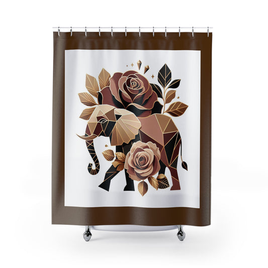 Vintage Floral Shower Curtain with Stripes - Elegant Home Decor - Brown & Gold Elephant & Roses